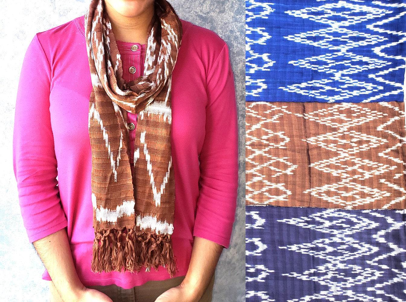 Handmade Guatemalan light weight cotton ikat scarf with fringes