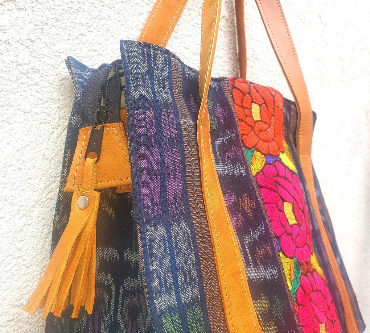 Guatemalan Cotton Handwoven IKAT Tote SHOPPING BAG / Authentic Leather Handles