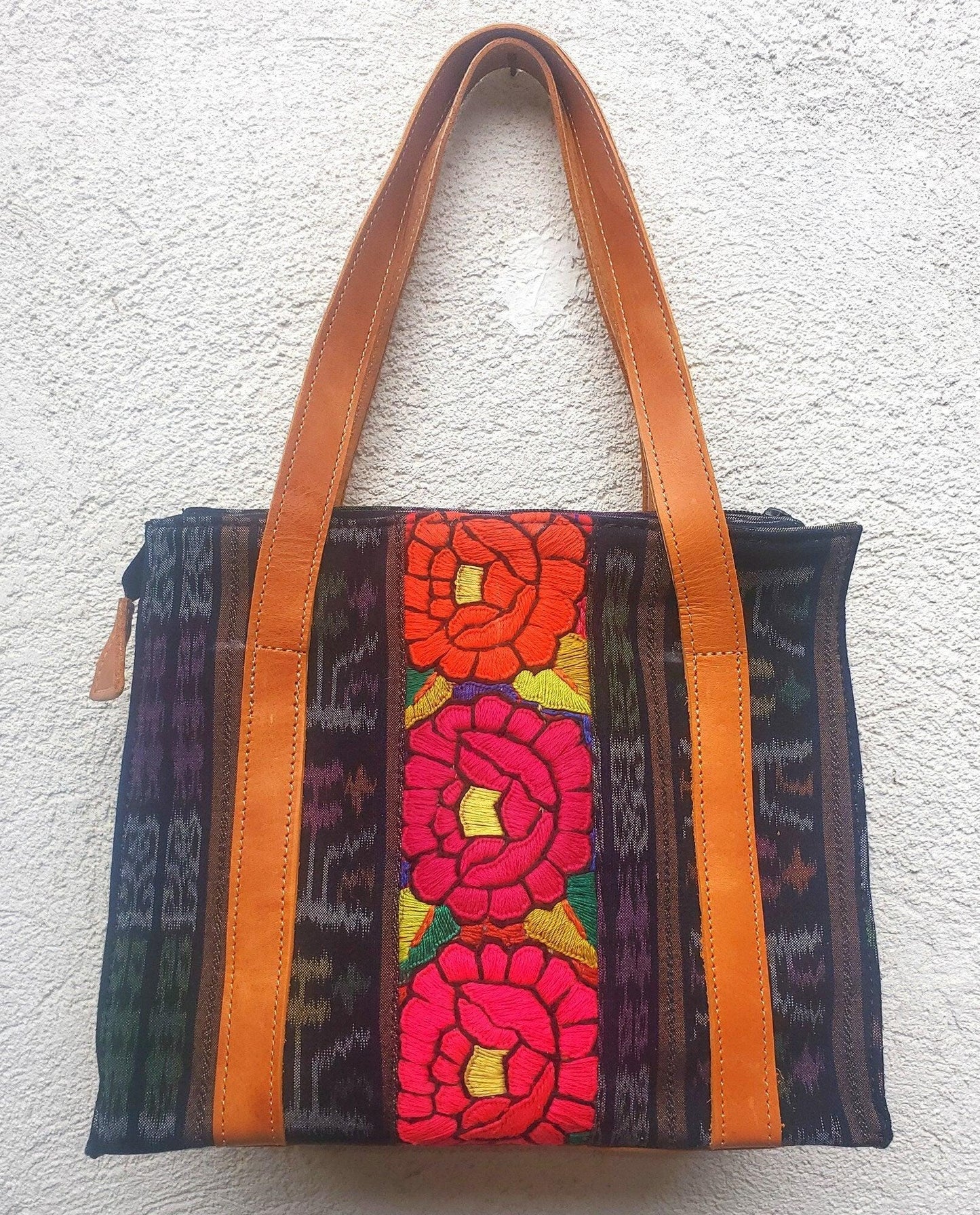 Guatemalan Cotton Handwoven IKAT Tote SHOPPING BAG / Authentic Leather Handles