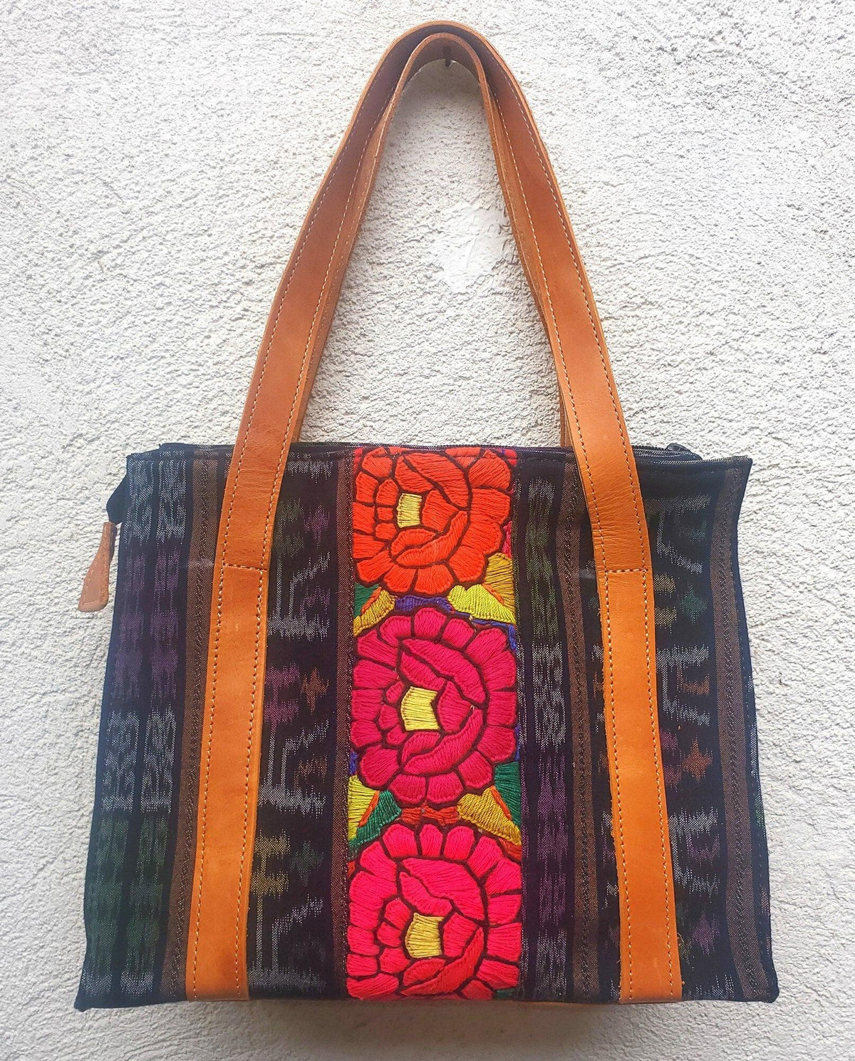Guatemalan Cotton Handwoven IKAT Tote SHOPPING BAG / Authentic Leather Handles