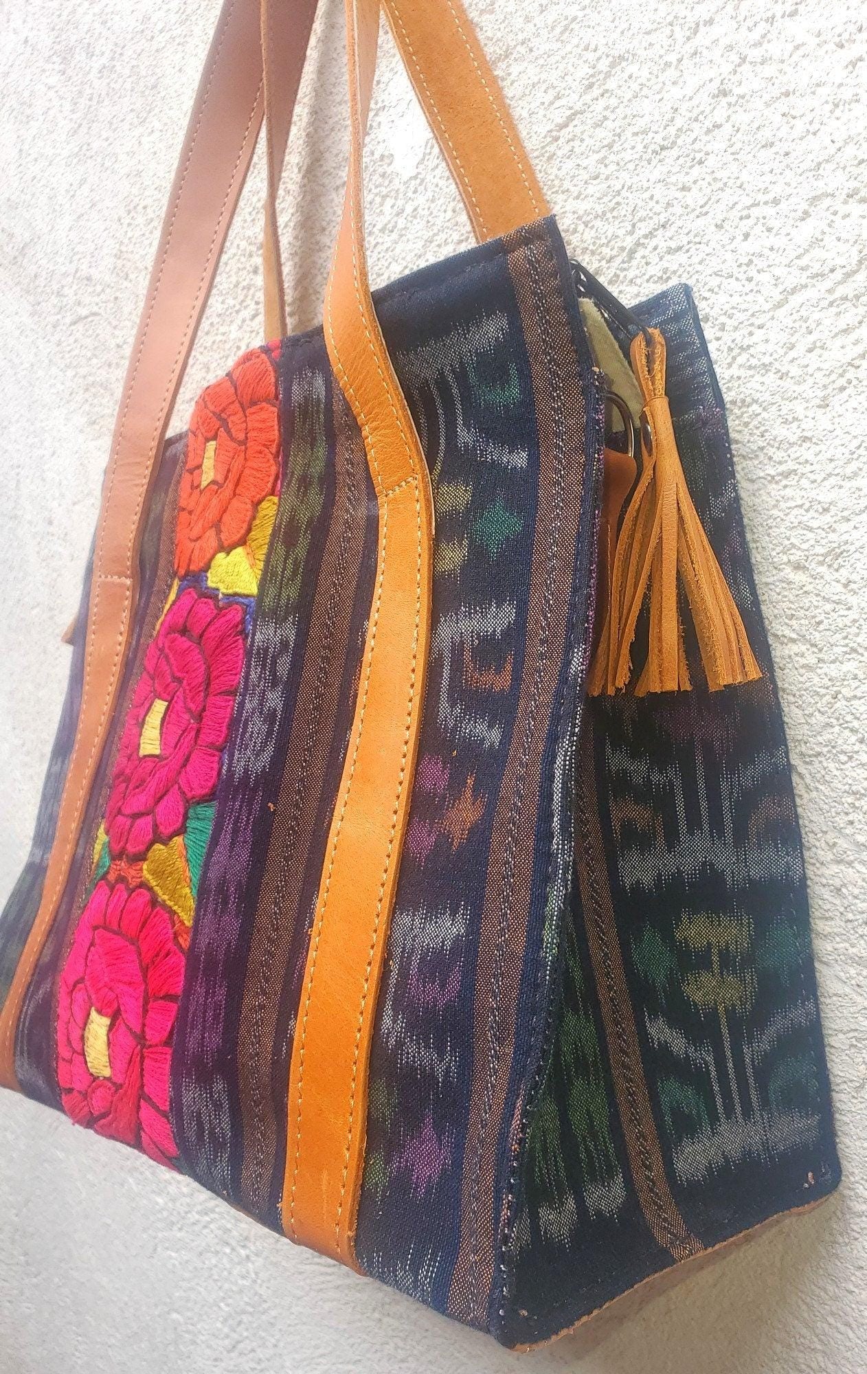 Guatemalan Cotton Handwoven IKAT Tote SHOPPING BAG / Authentic Leather Handles