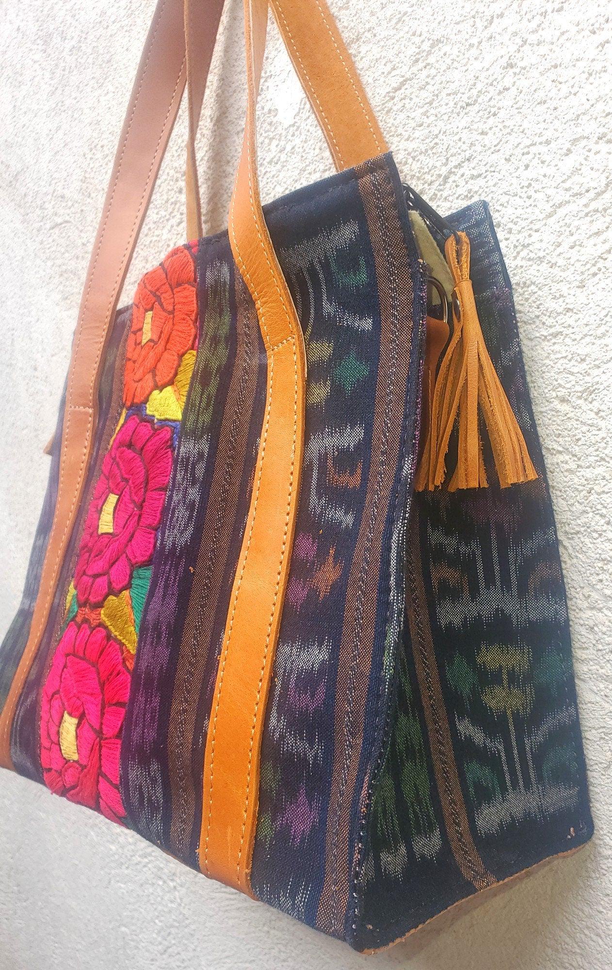 Guatemalan Cotton Handwoven IKAT Tote SHOPPING BAG / Authentic Leather Handles