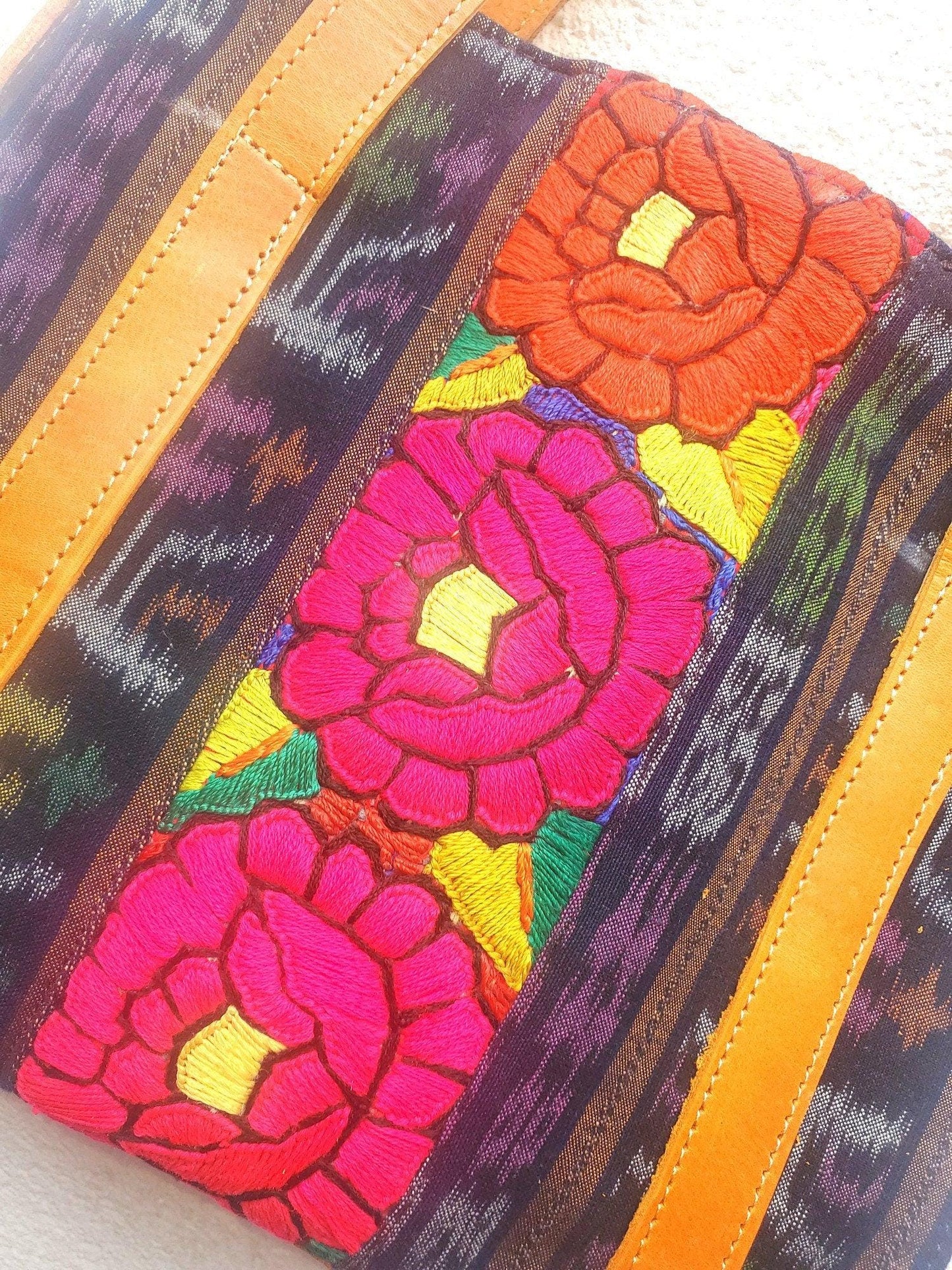 Guatemalan Cotton Handwoven IKAT Tote SHOPPING BAG / Authentic Leather Handles