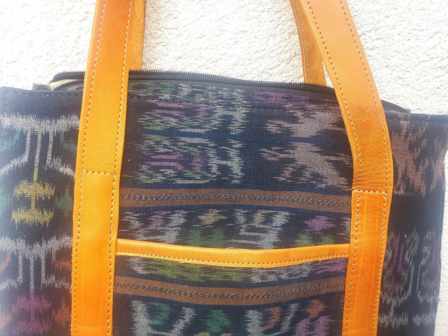Guatemalan Cotton Handwoven IKAT Tote SHOPPING BAG / Authentic Leather Handles