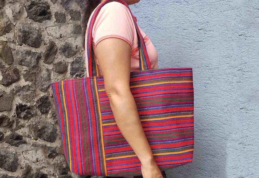Handwoven GUATEMALAN COTTON Striped Lining TOTE Bag With Zipper Available In Multiple Colors