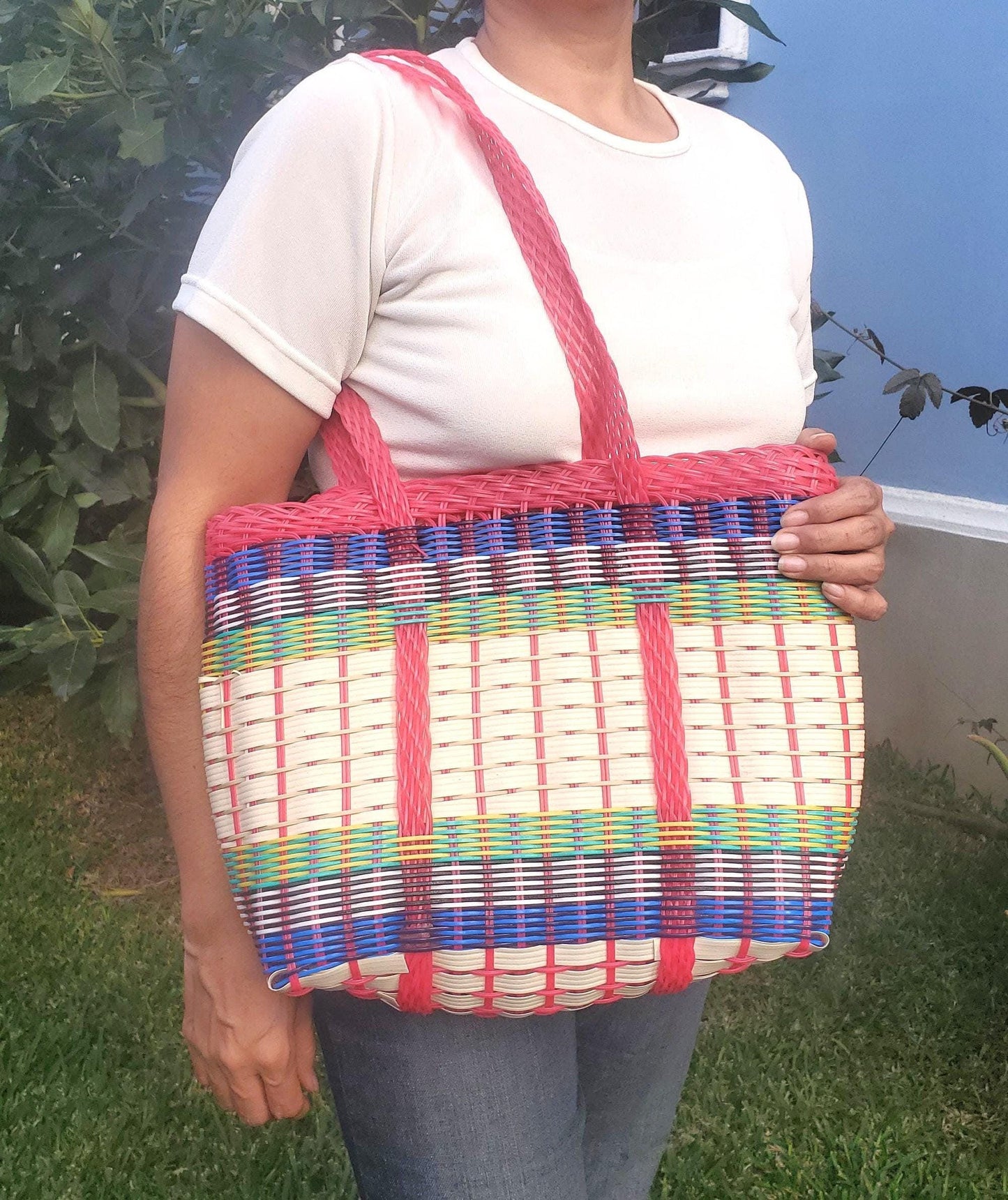 Large Woven Guatemalan Plastic market Bag - RECYCLED PLASTIC Basket