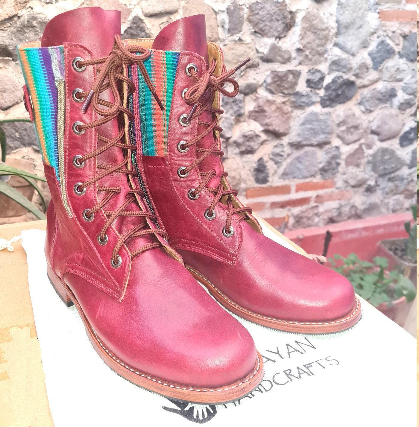 Custom Pattern GUATEMALAN Authentic LEATHER Lace Up BOOTS For Women - Geniune Leather & Rubber Outsole Zipper Shoes