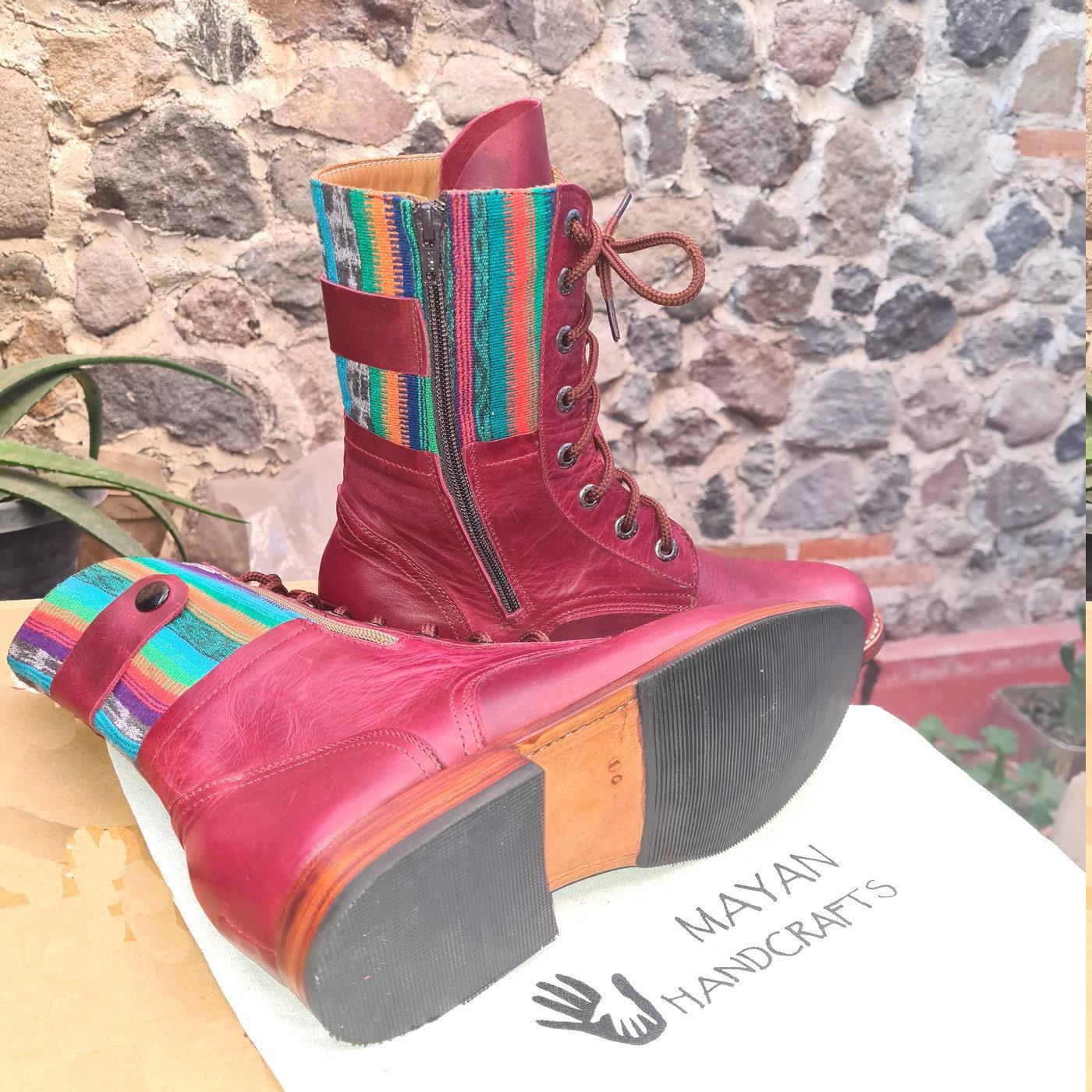 Custom Pattern GUATEMALAN Authentic LEATHER Lace Up BOOTS For Women - Geniune Leather & Rubber Outsole Zipper Shoes