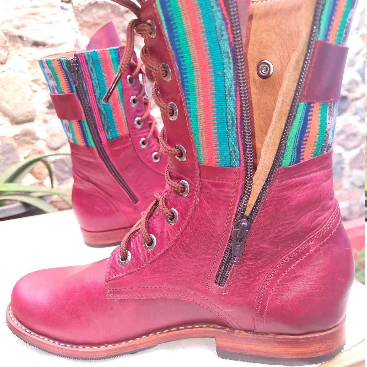 Custom Pattern GUATEMALAN Authentic LEATHER Lace Up BOOTS For Women - Geniune Leather & Rubber Outsole Zipper Shoes