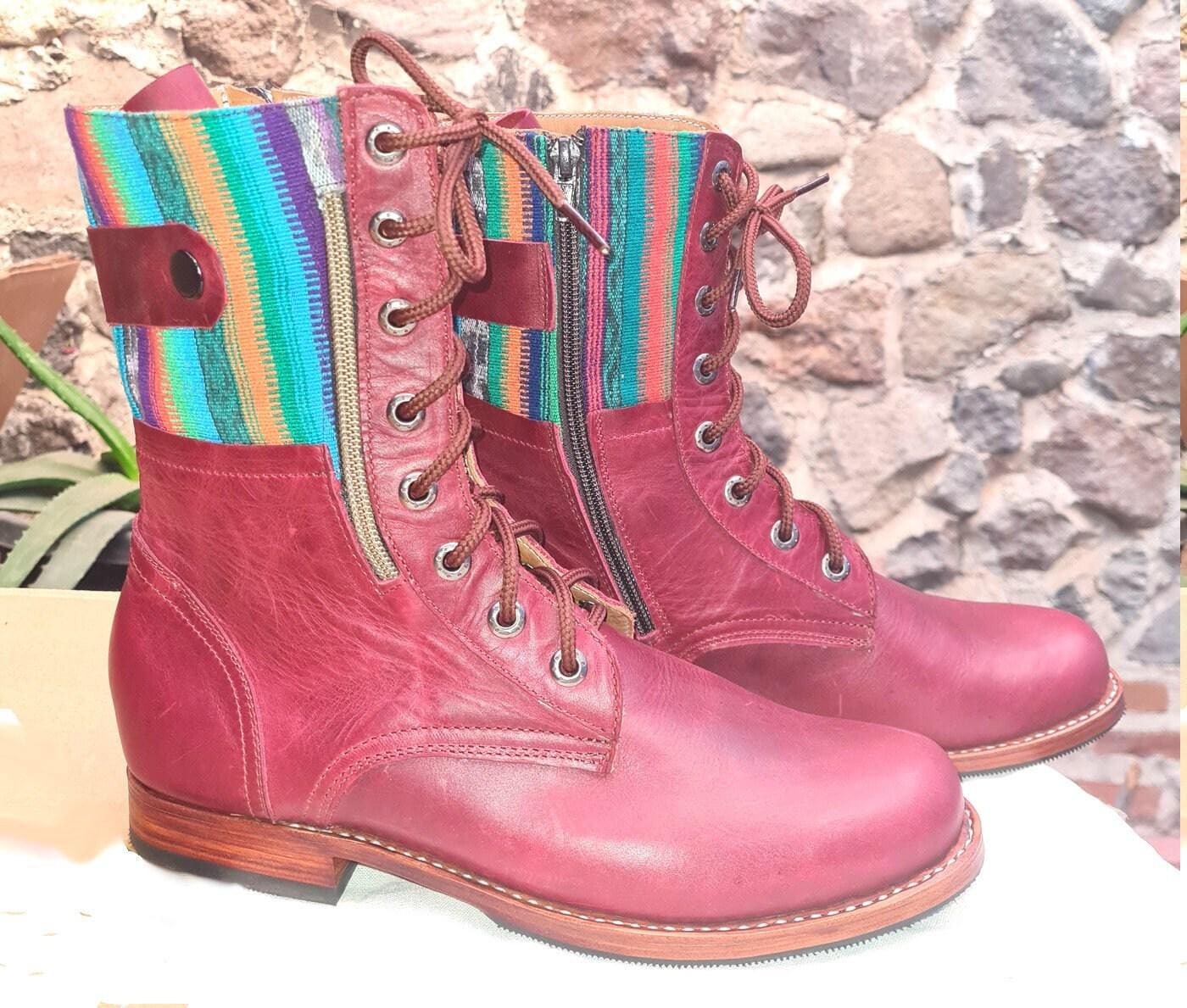 Custom Pattern GUATEMALAN Authentic LEATHER Lace Up BOOTS For Women - Geniune Leather & Rubber Outsole Zipper Shoes