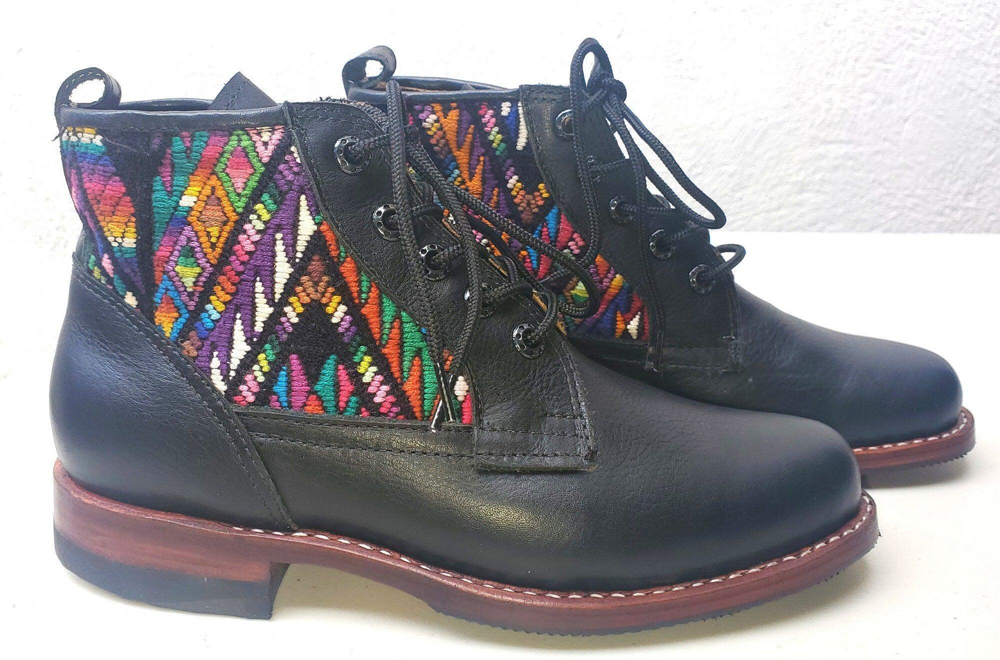 Custom Huipil Pattern GUATEMALAN Authentic LEATHER Lace Up BOOTS For Women - Geniune Leather & Rubber Outsole Zipper Shoes customizable