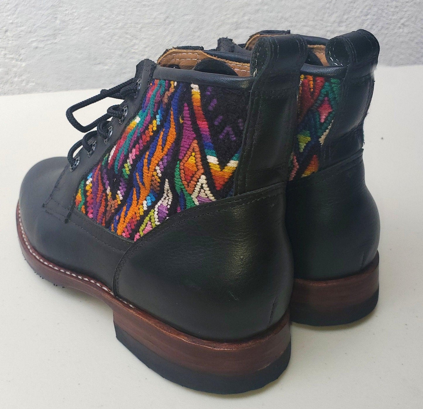 Custom Huipil Pattern GUATEMALAN Authentic LEATHER Lace Up BOOTS For Women - Geniune Leather & Rubber Outsole Zipper Shoes customizable