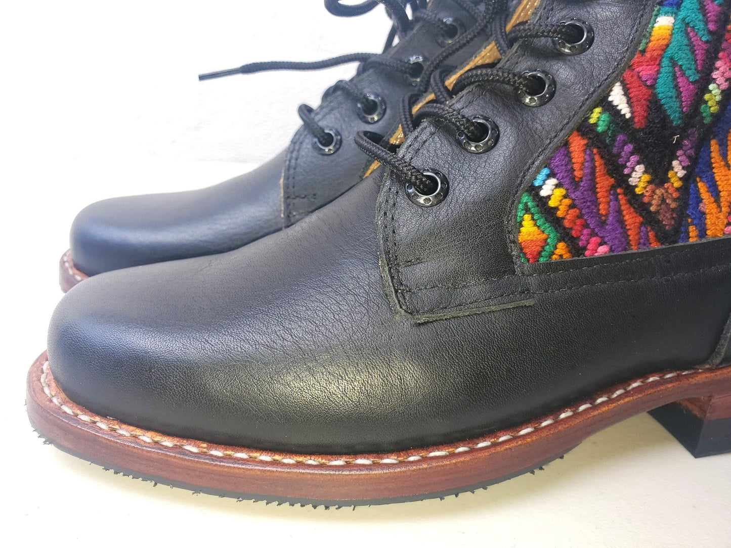 Custom Huipil Pattern GUATEMALAN Authentic LEATHER Lace Up BOOTS For Women - Geniune Leather & Rubber Outsole Zipper Shoes customizable