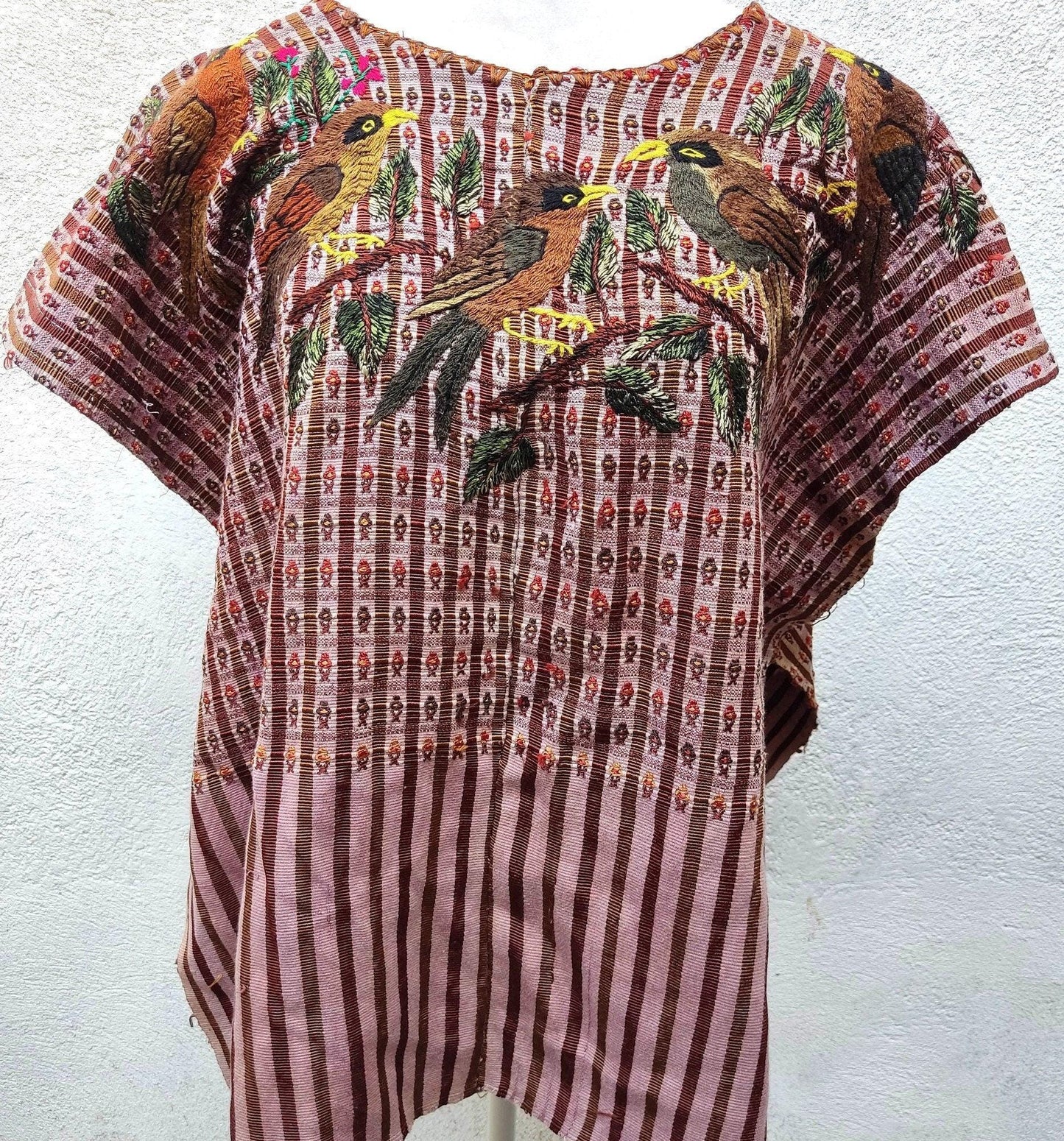 Vintage handmade embroidered birds Santiago Atitlan huipil cotton wall decor tapestry