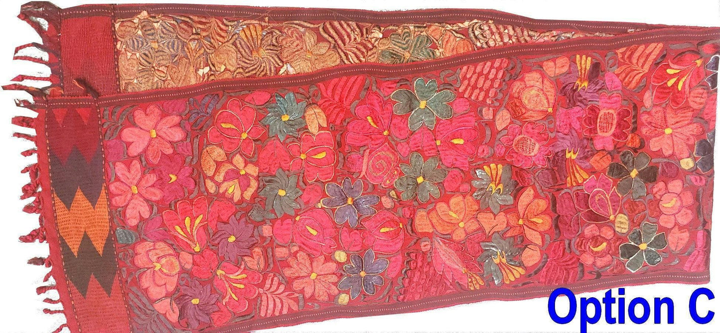 Handmade RUST Dyed Floral embroidered table RUNNER with tassels - ZACUALPA
