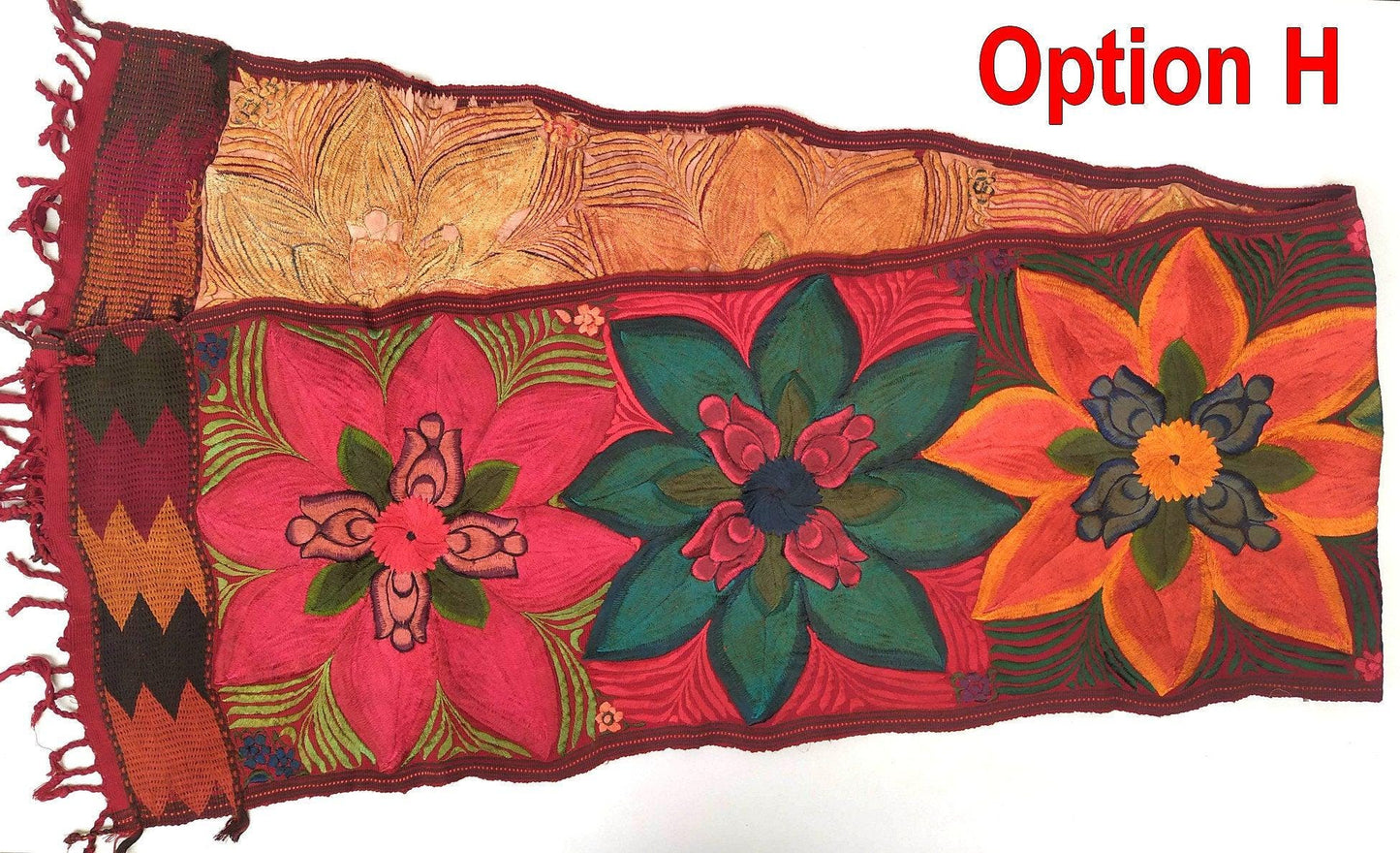 Handmade RUST Dyed Floral embroidered table RUNNER with tassels - ZACUALPA