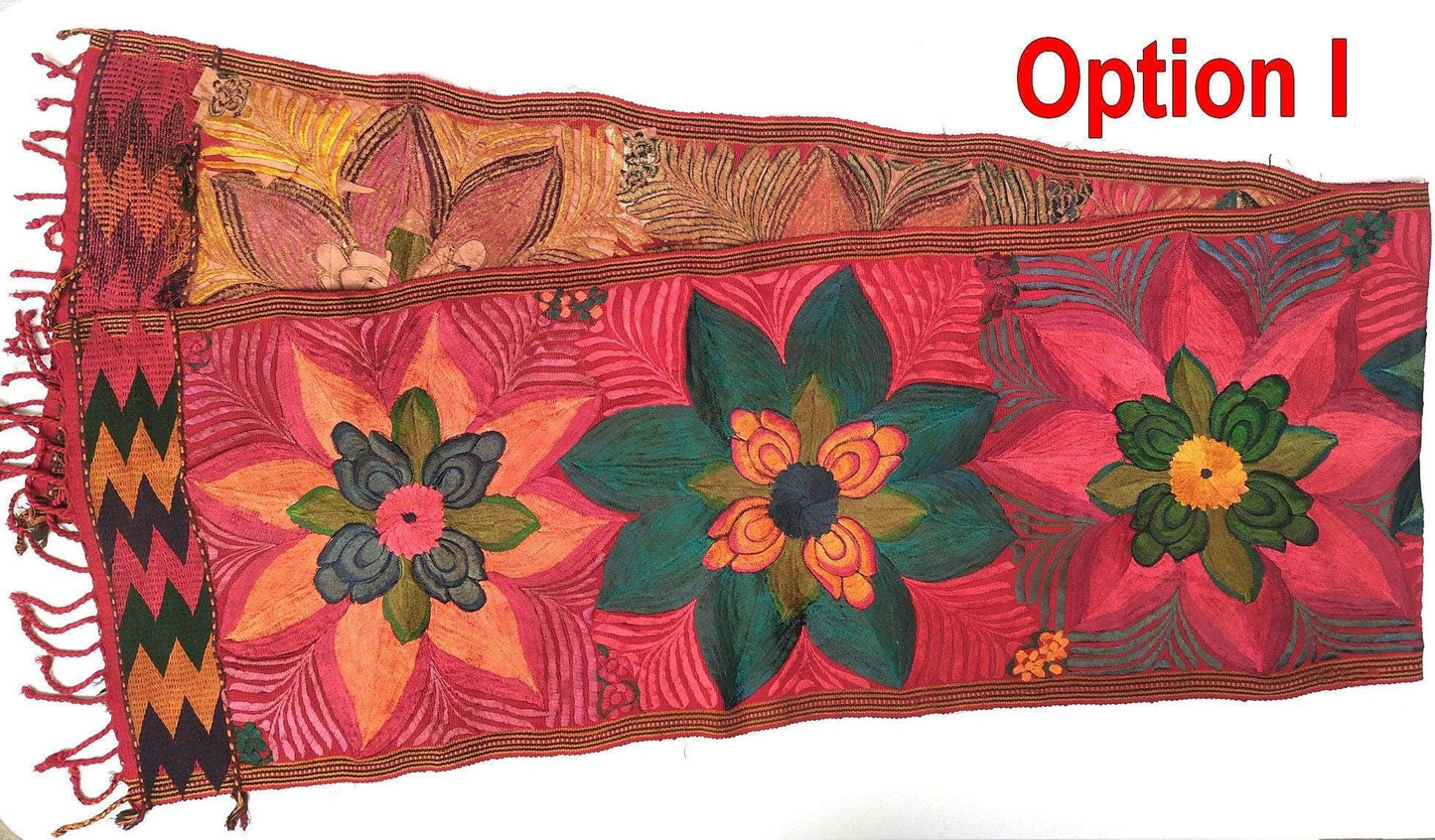 Handmade RUST Dyed Floral embroidered table RUNNER with tassels - ZACUALPA