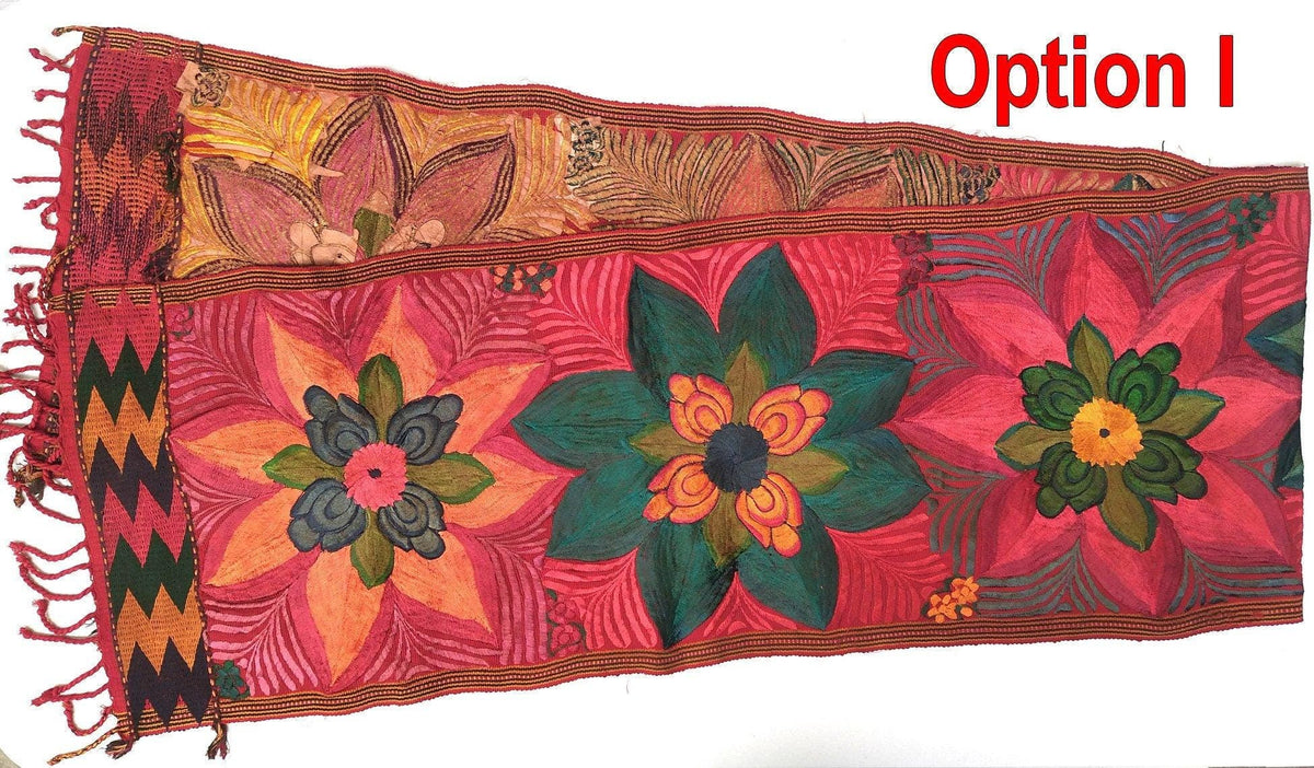 Handmade RUST Dyed Floral embroidered table RUNNER with tassels - ZACUALPA