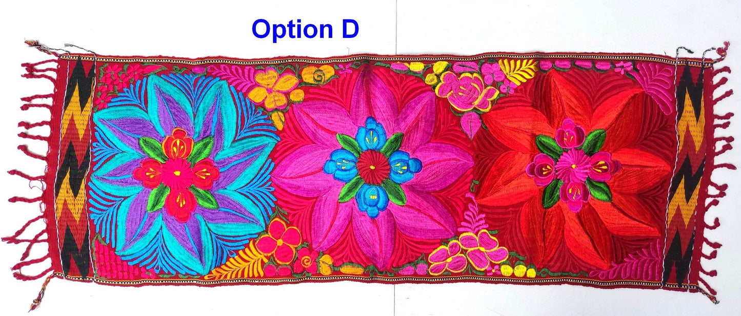 Handmade floral embroidered table runner with tassels -Zacualpa-