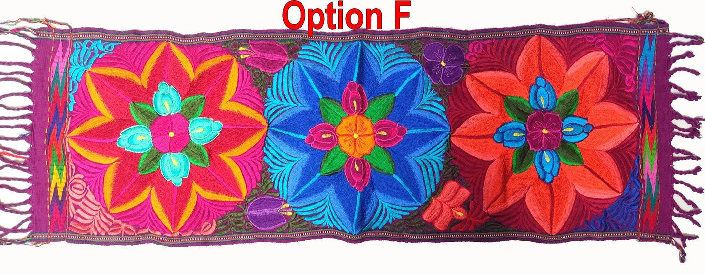 Handmade floral embroidered table runner with tassels -Zacualpa-