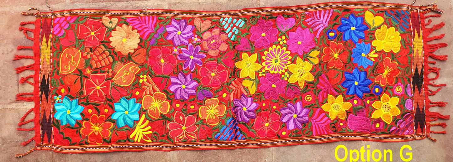 Handmade floral embroidered table runner with tassels -Zacualpa-