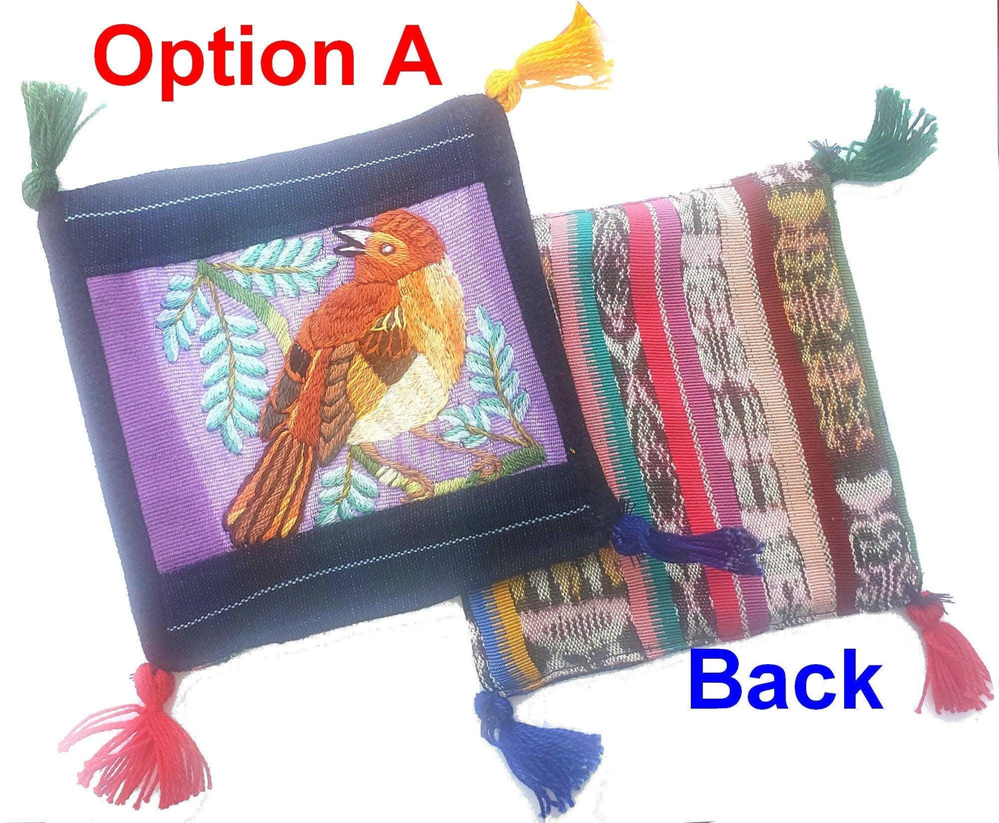 13x13 Cm Hand Embroidered COTTON Textile GUATEMALAN Birds COASTER - Pretty Ornament Square Coaster