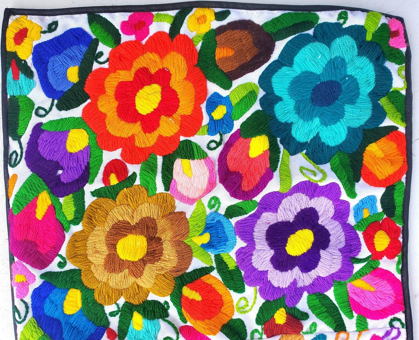 Unique Guatemala wool hand-embroidery -Bird, suns, floral, people motives table runner-