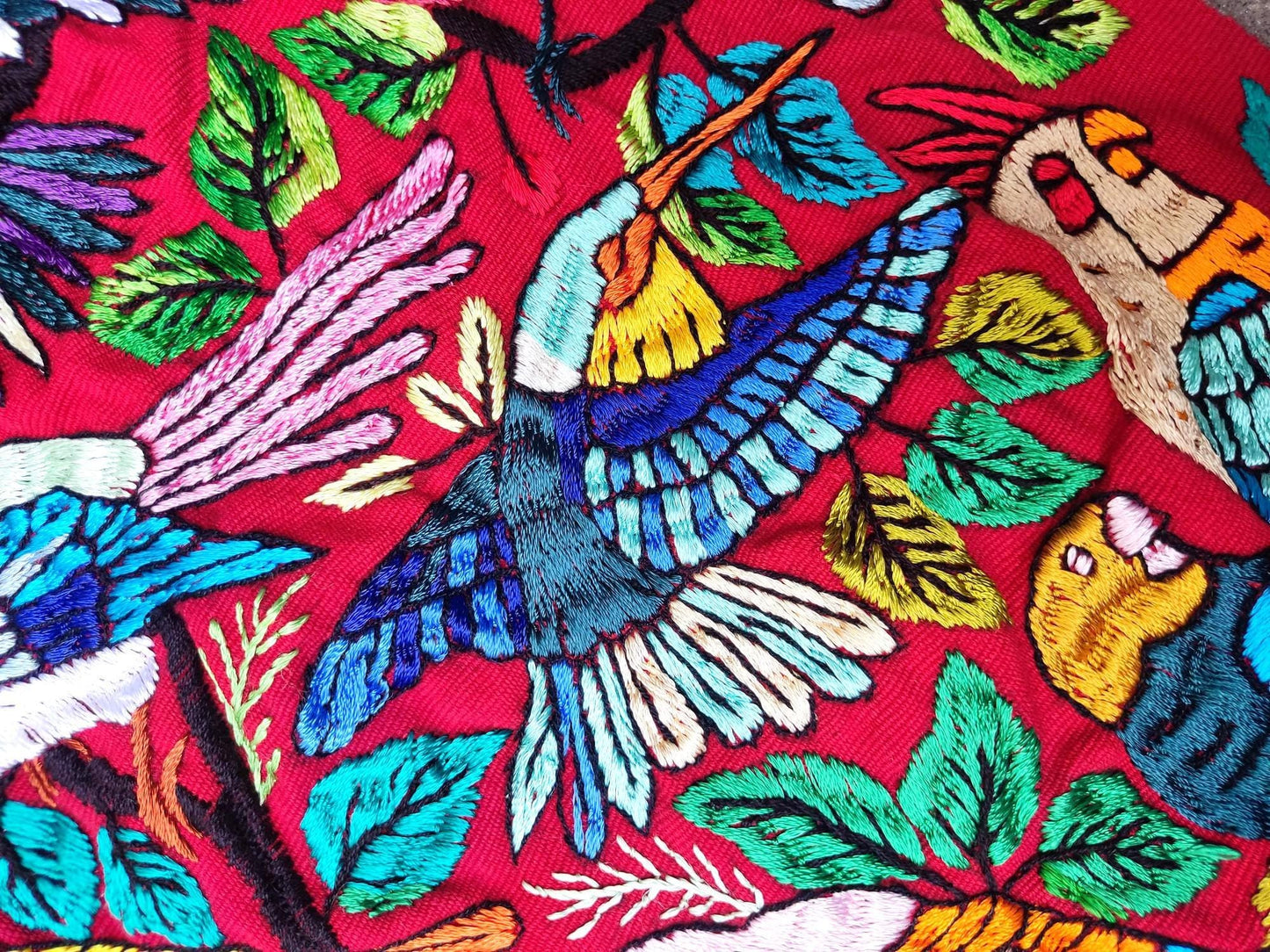 Unique Red Guatemala Silk hand-embroidery -Bird and Forest motives table runner-