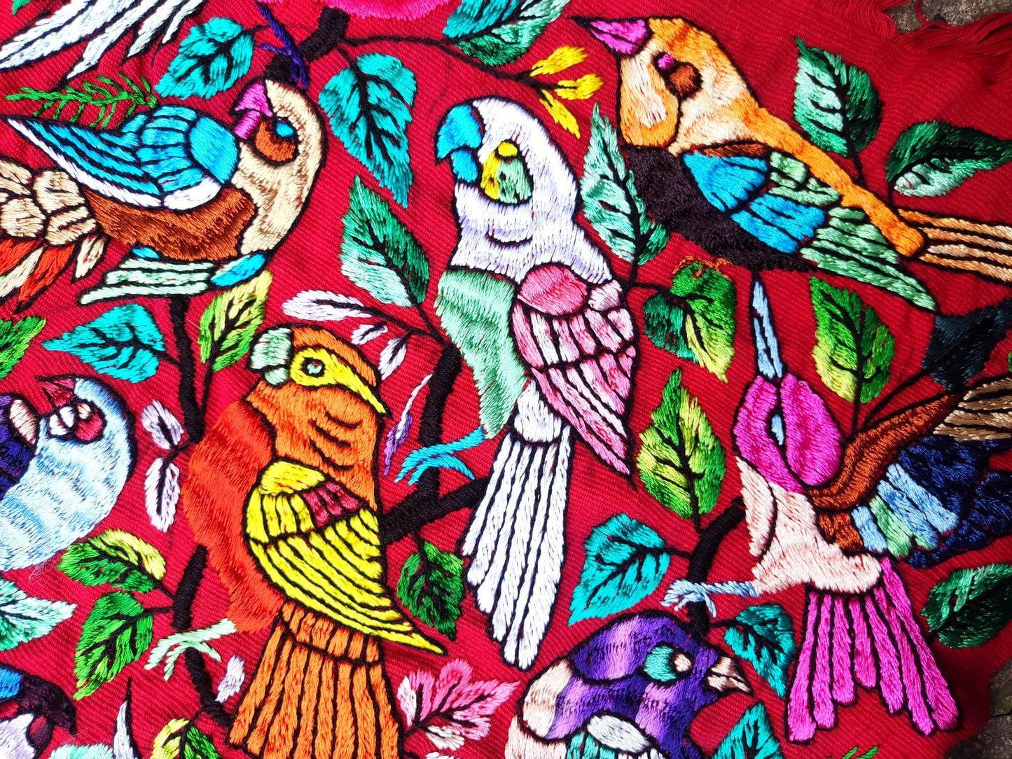 Unique Red Guatemala Silk hand-embroidery -Bird and Forest motives table runner-