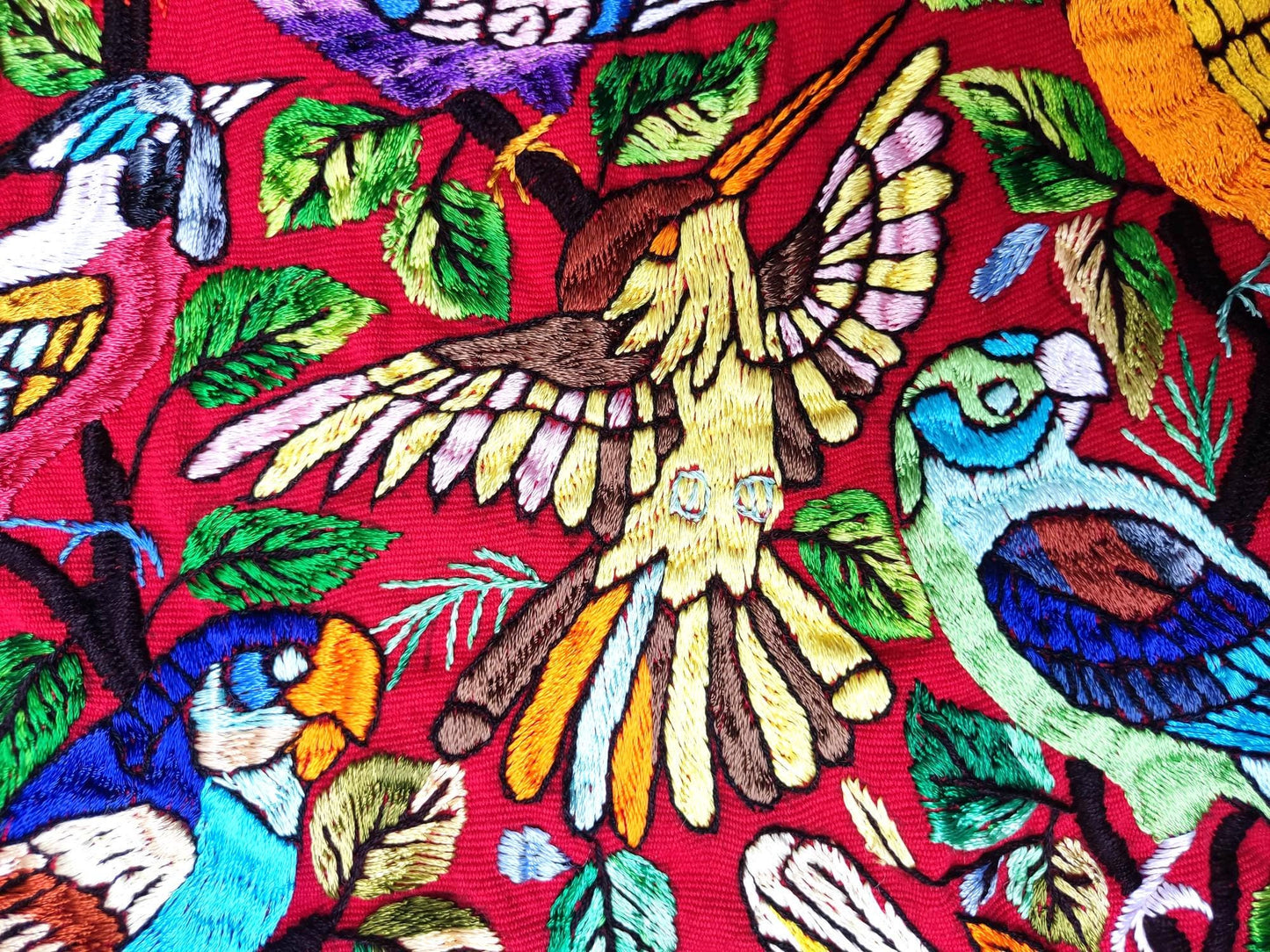 Unique Red Guatemala Silk hand-embroidery -Bird and Forest motives table runner-