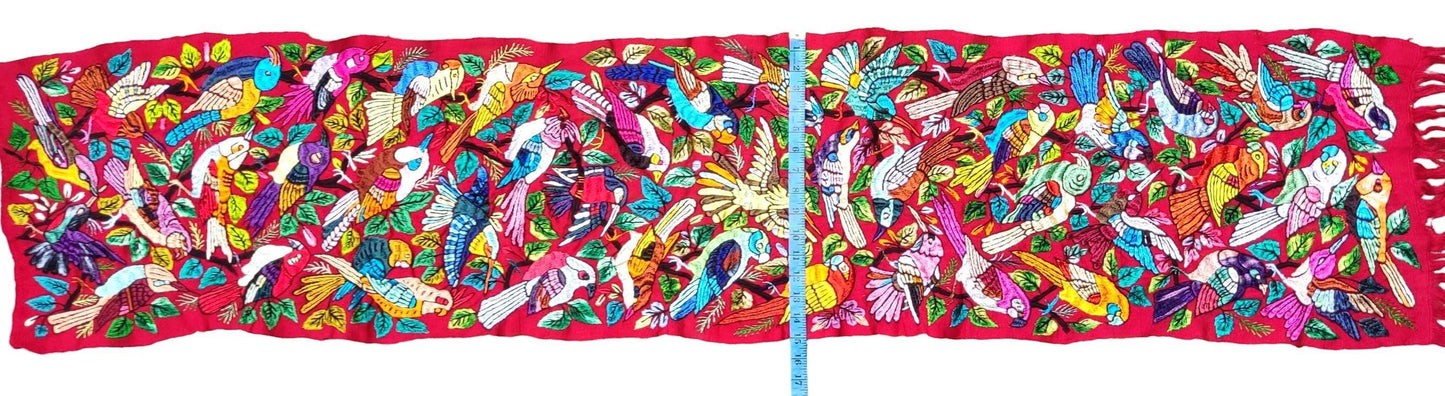Unique Red Guatemala Silk hand-embroidery -Bird and Forest motives table runner-