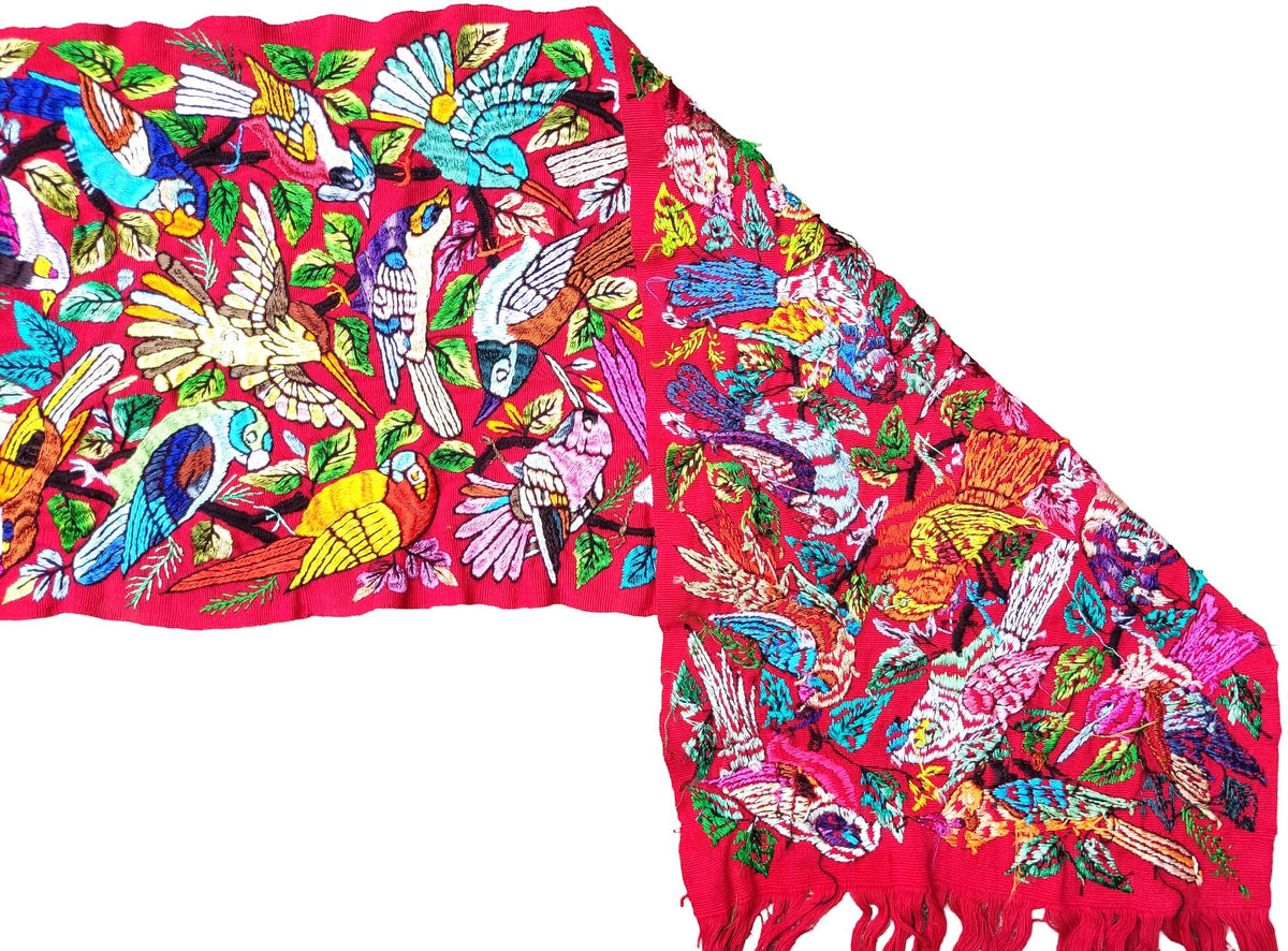 Unique Red Guatemala Silk hand-embroidery -Bird and Forest motives table runner-