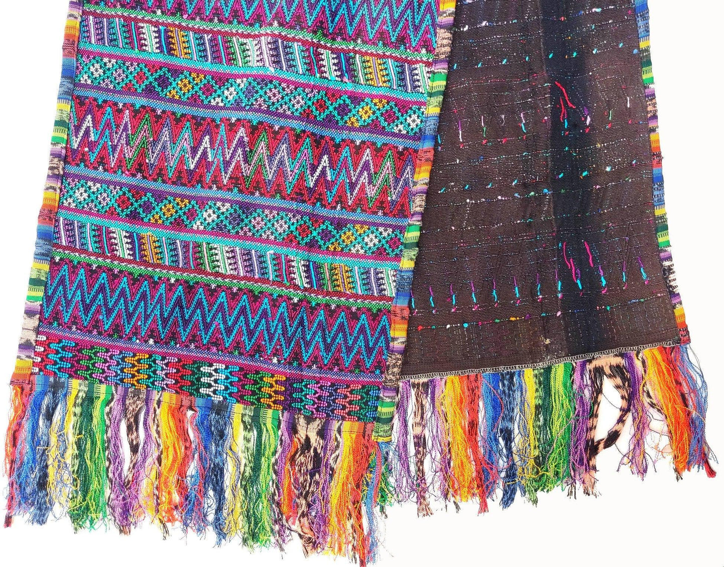 Vintage unique Guatemala handmade weaved cotton SILK fringes -San MARTIN Jilotepeque huipil- Geometric ZIGZAG motives table runner