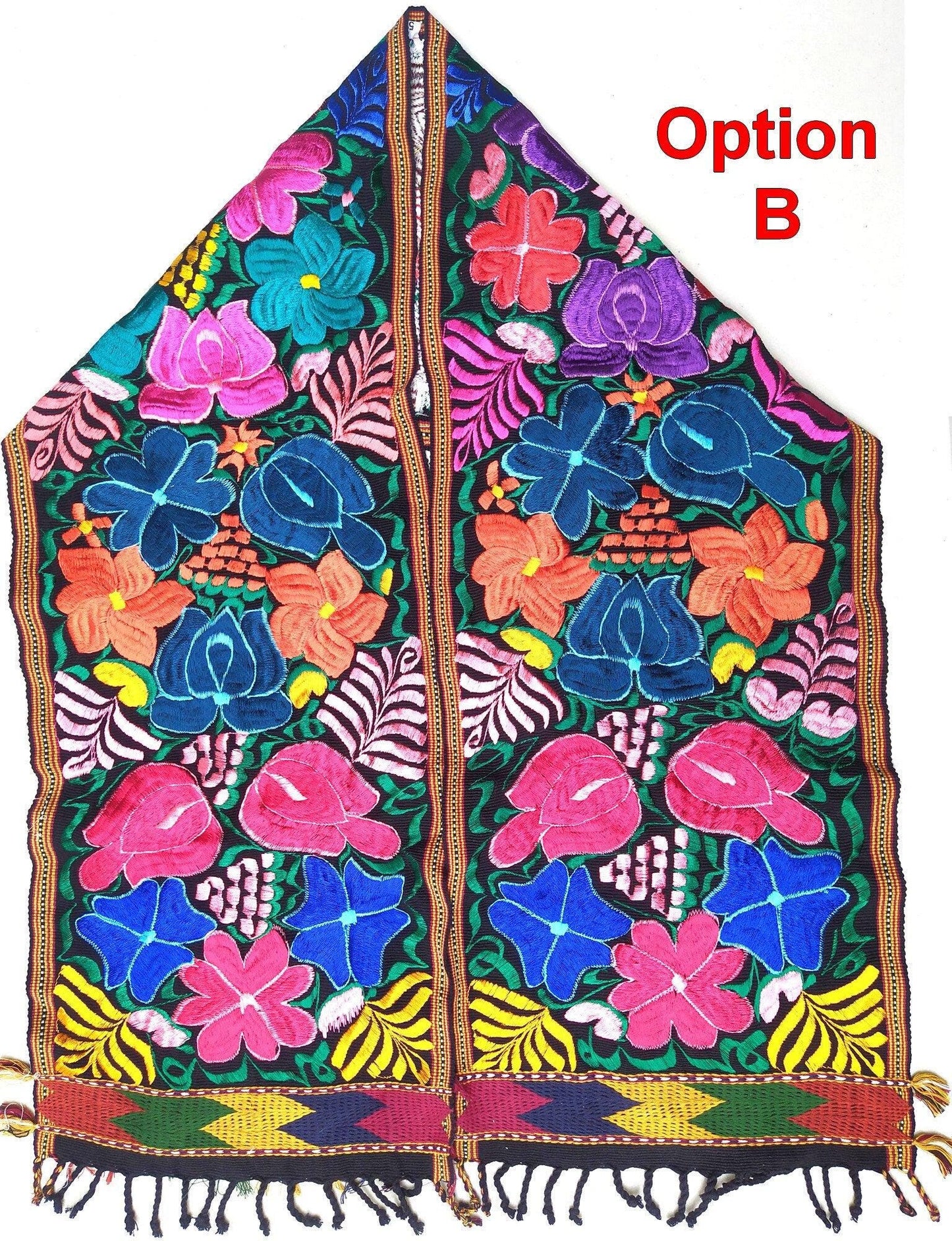 Handmade Floral Embroidered Table RUNNER With Tassels -ZACUALPA