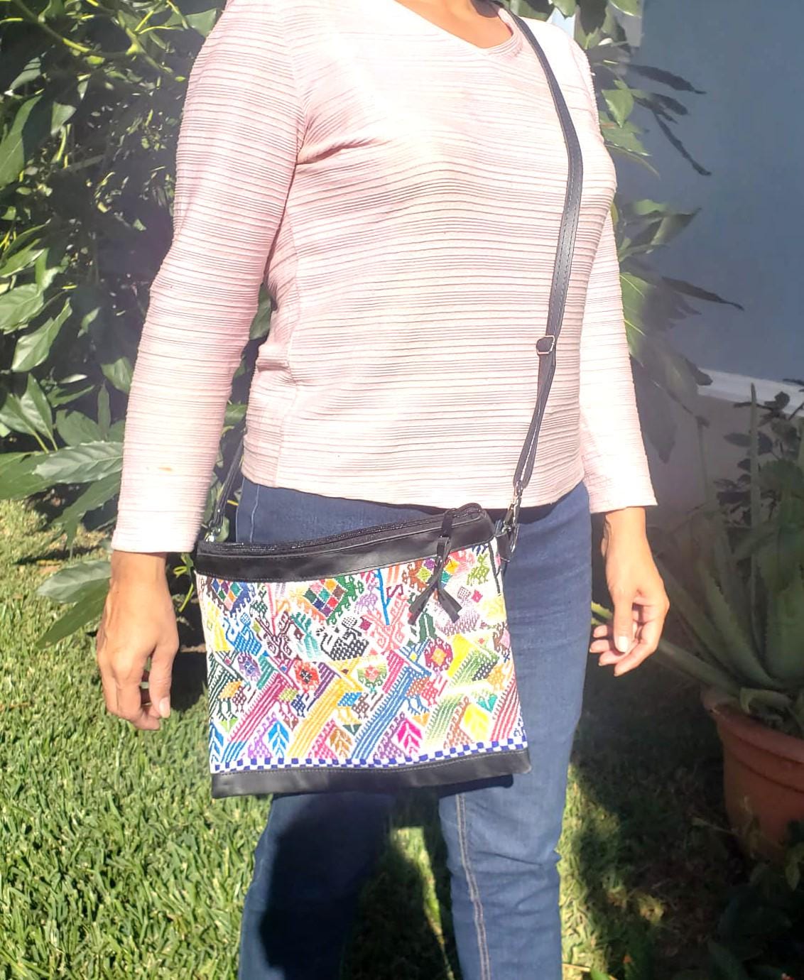 Aesthetic Woman Guatemalan Leather Huipil CROSSBODY Wristlet CLUTCH PURSE - 100% Cotton Lining Purse
