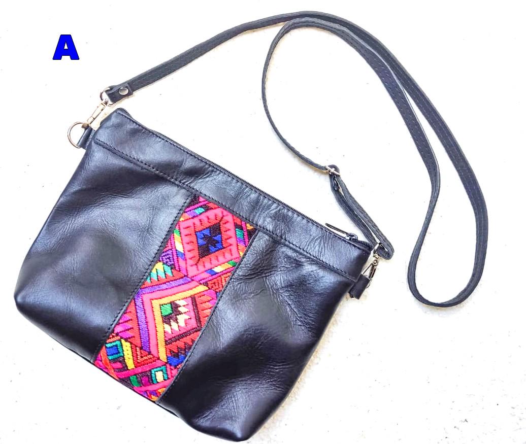 Handmade Leather CROSSBODY CLUTCH Guatemalan Huipil Bag