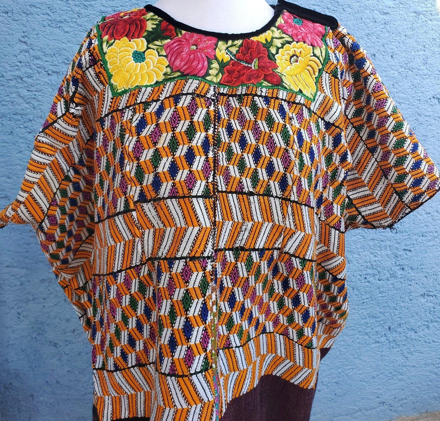 Vintage white black unique handmade weaved cotton Almolonga Quetzaltenango huipil