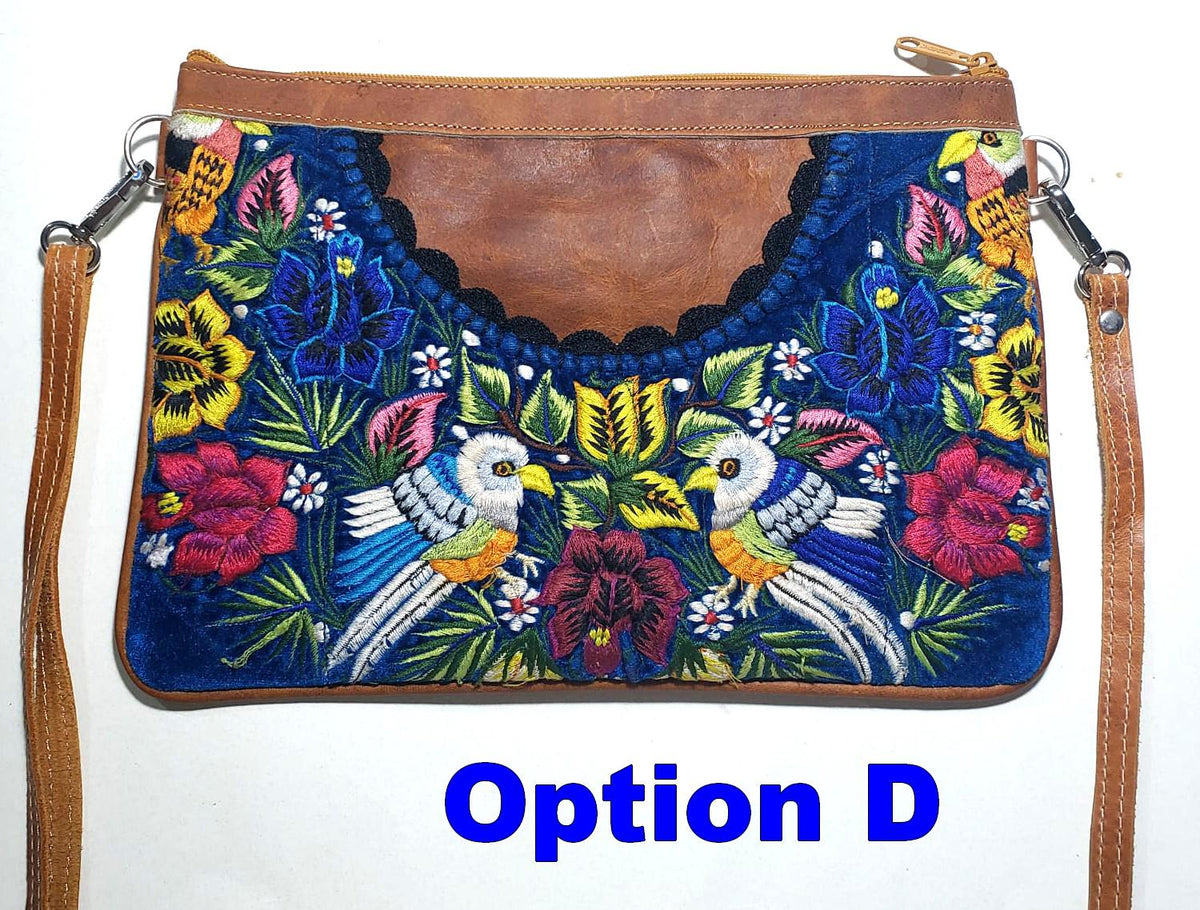 Guatemalan Leather Huipil Crossbody Clutch: Fair Trade Mayan Purse