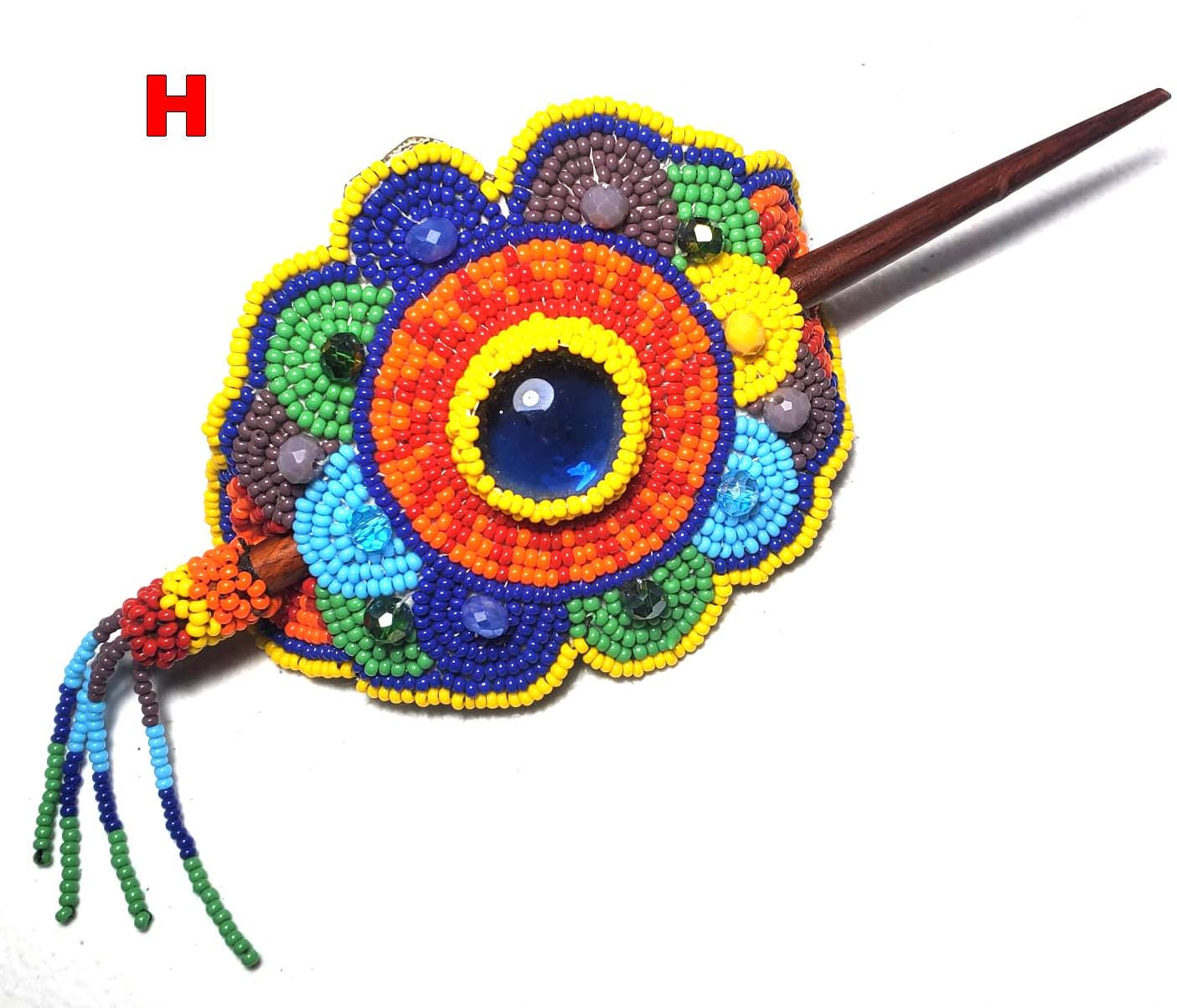 Czech Seed Bead Hair Clip Barrette: Guatemalan Leather & Wood
