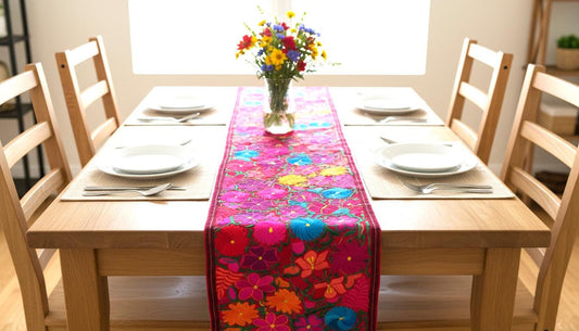 Handmade Floral Embroidered Table RUNNER With Tassels - ZACUALPA-