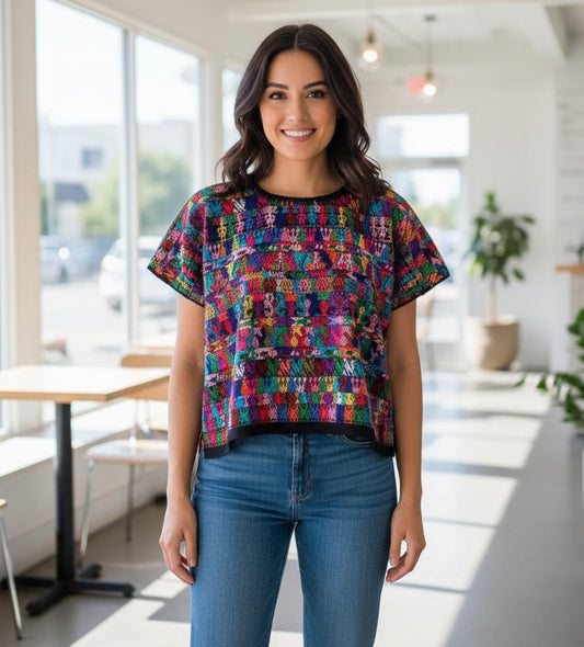 Cotton Unique Black Handmade WEAVED -San MARTIN JILOTEPEQUE- Huipil