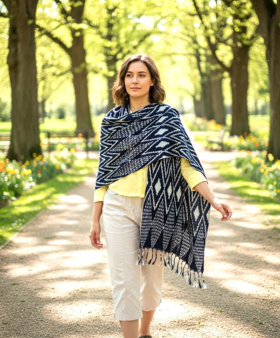 Guatemalan Rayon Scarf: Indigo Burgundy Orange Striped Shawl