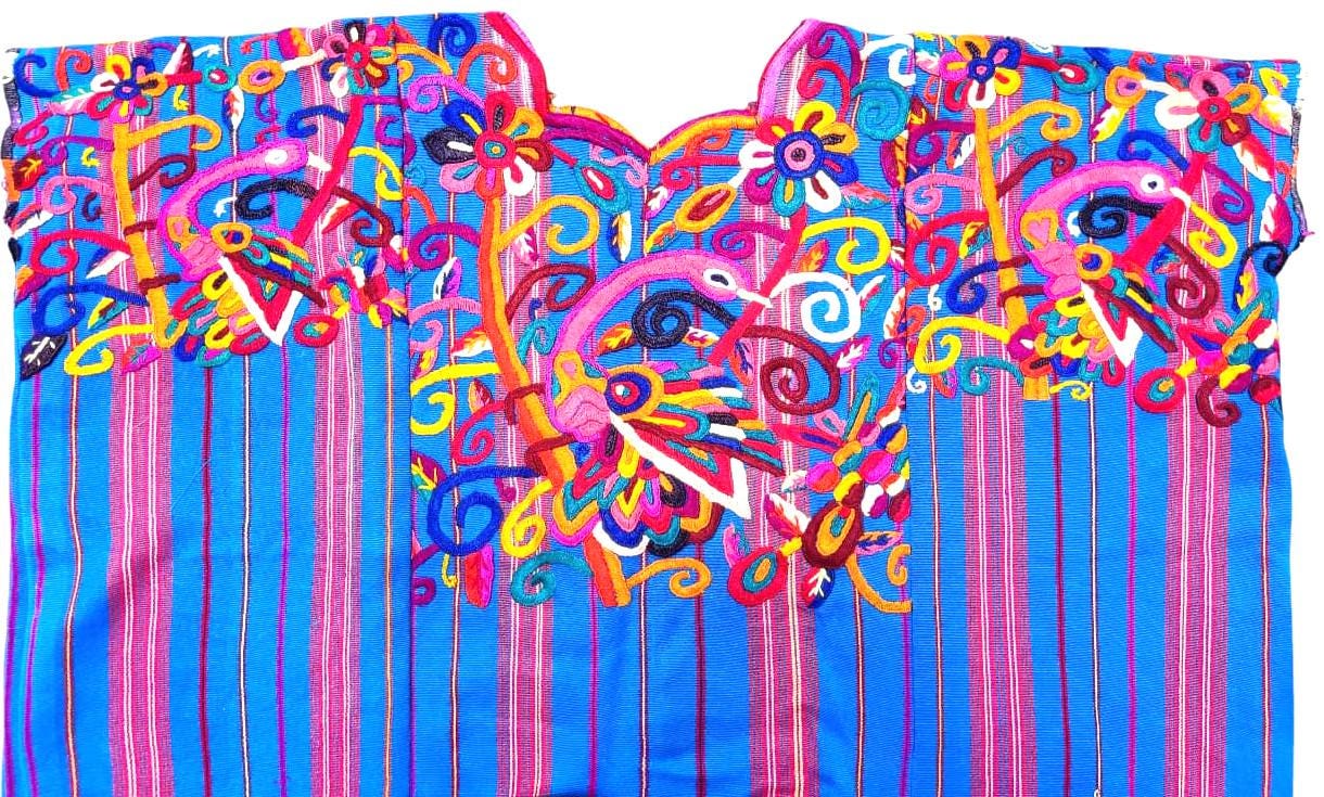 NEW Unique Guatemala Handmade Weaved BLUE Cotton Huipil "Mayan Chichi PEACOCKS"