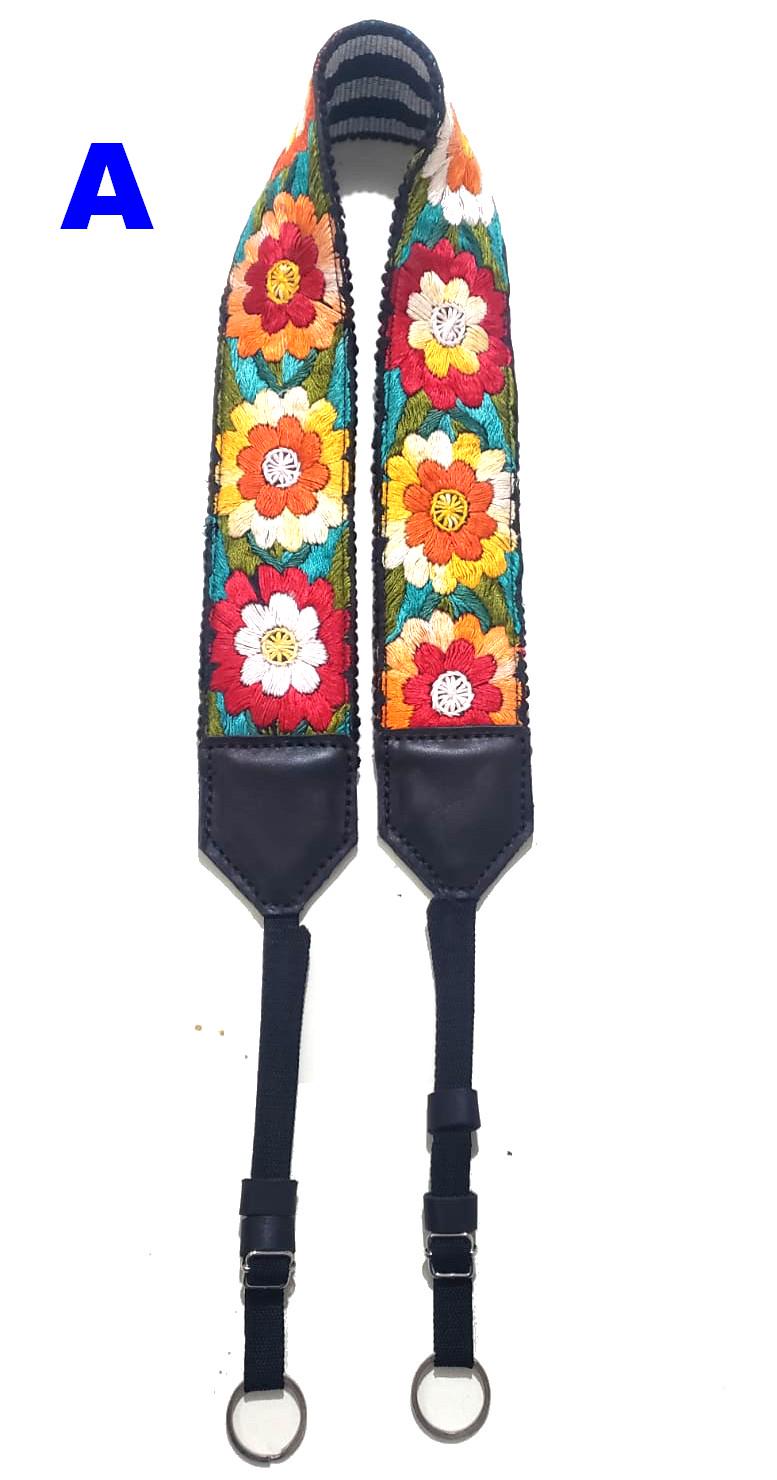 Guatemalan Handmade Adjustable Leather Embroidered Floral CAMERA STRAP