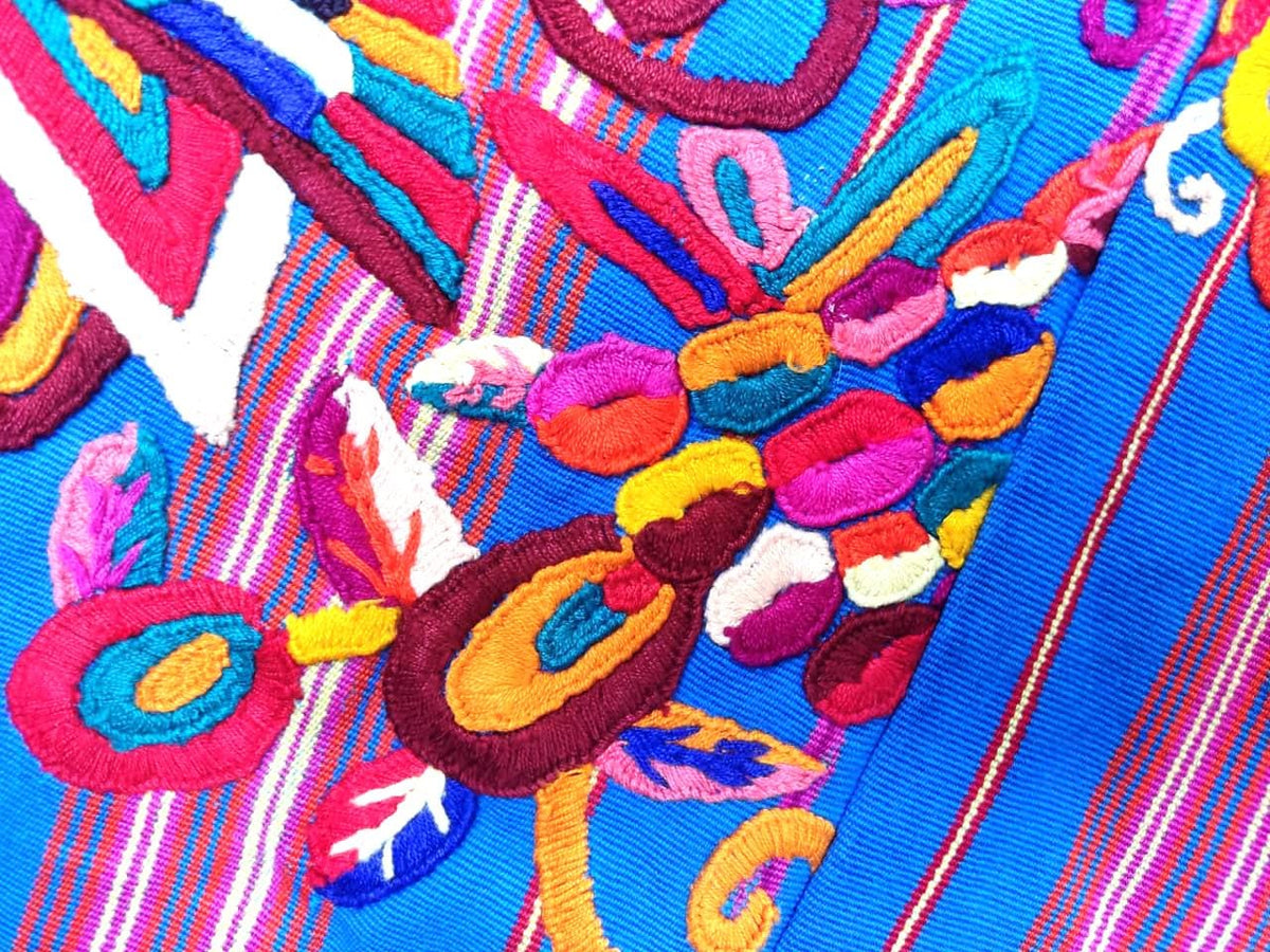 NEW Unique Guatemala Handmade Weaved BLUE Cotton Huipil "Mayan Chichi PEACOCKS"