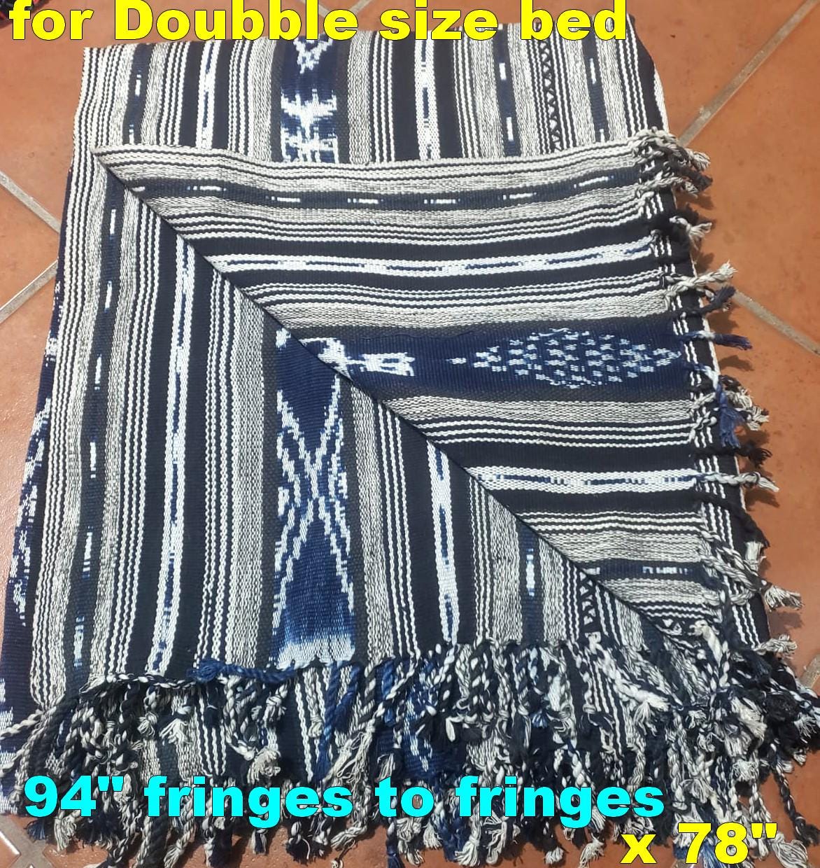 Cotton Guatemalan handmade weaved tassels eco dyed ikat bedspread