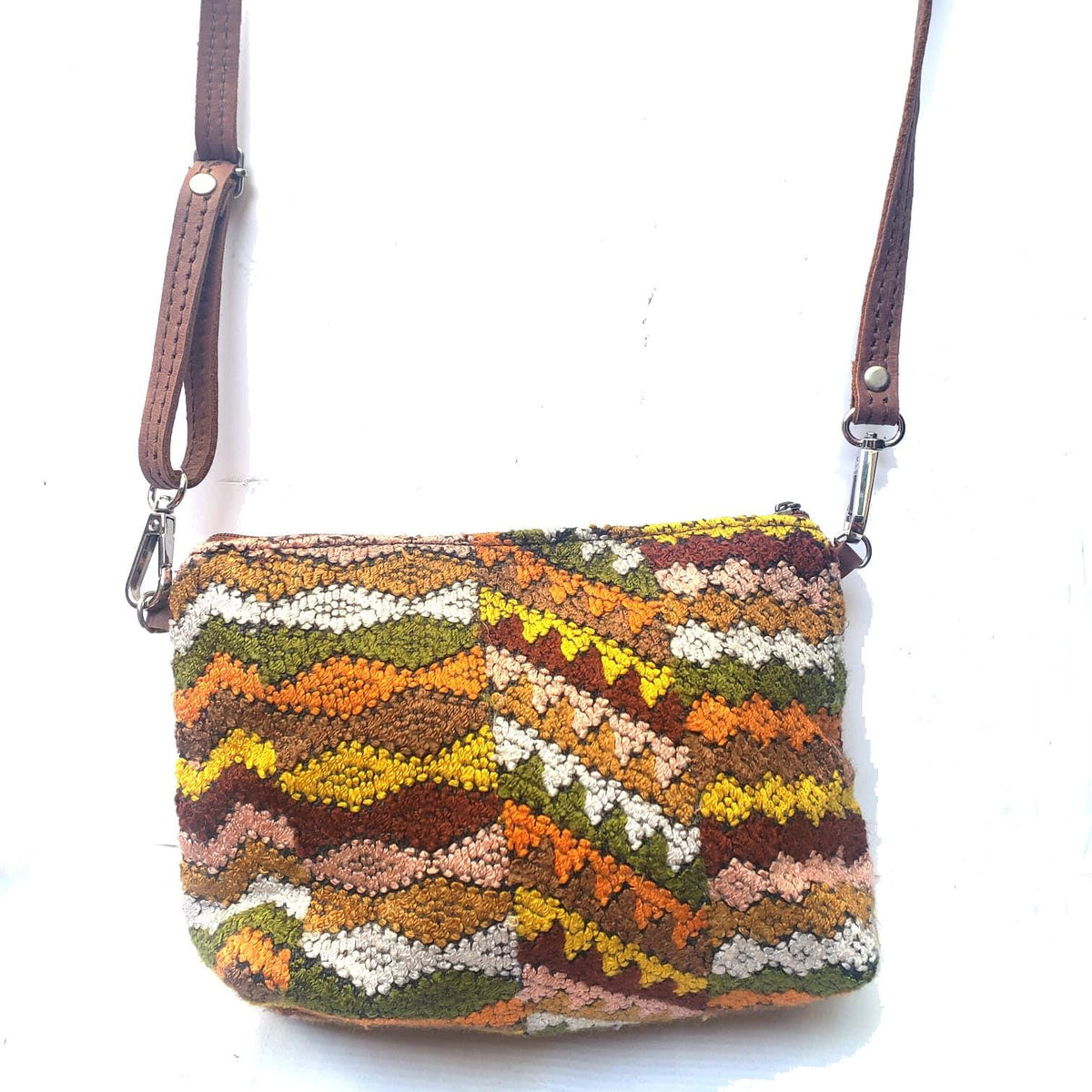 Guatemalan Upcycled HUIPIL Double Sided Bag, Leather Crossbody COSMETIC PURSE