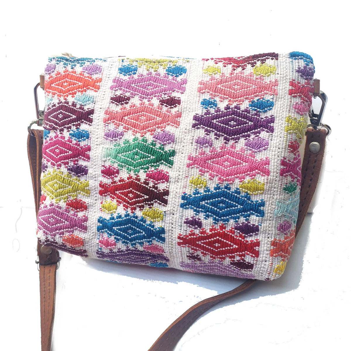 Guatemalan Upcycled HUIPIL Double Sided Bag, Leather Crossbody COSMETIC PURSE