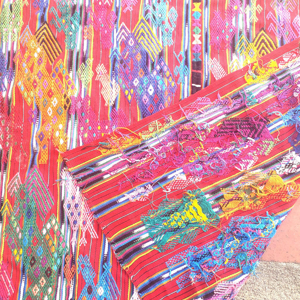 Guatemalan HORSES and EAGLES TSUTE, Red Tablecloth, Chichicastenango Throw