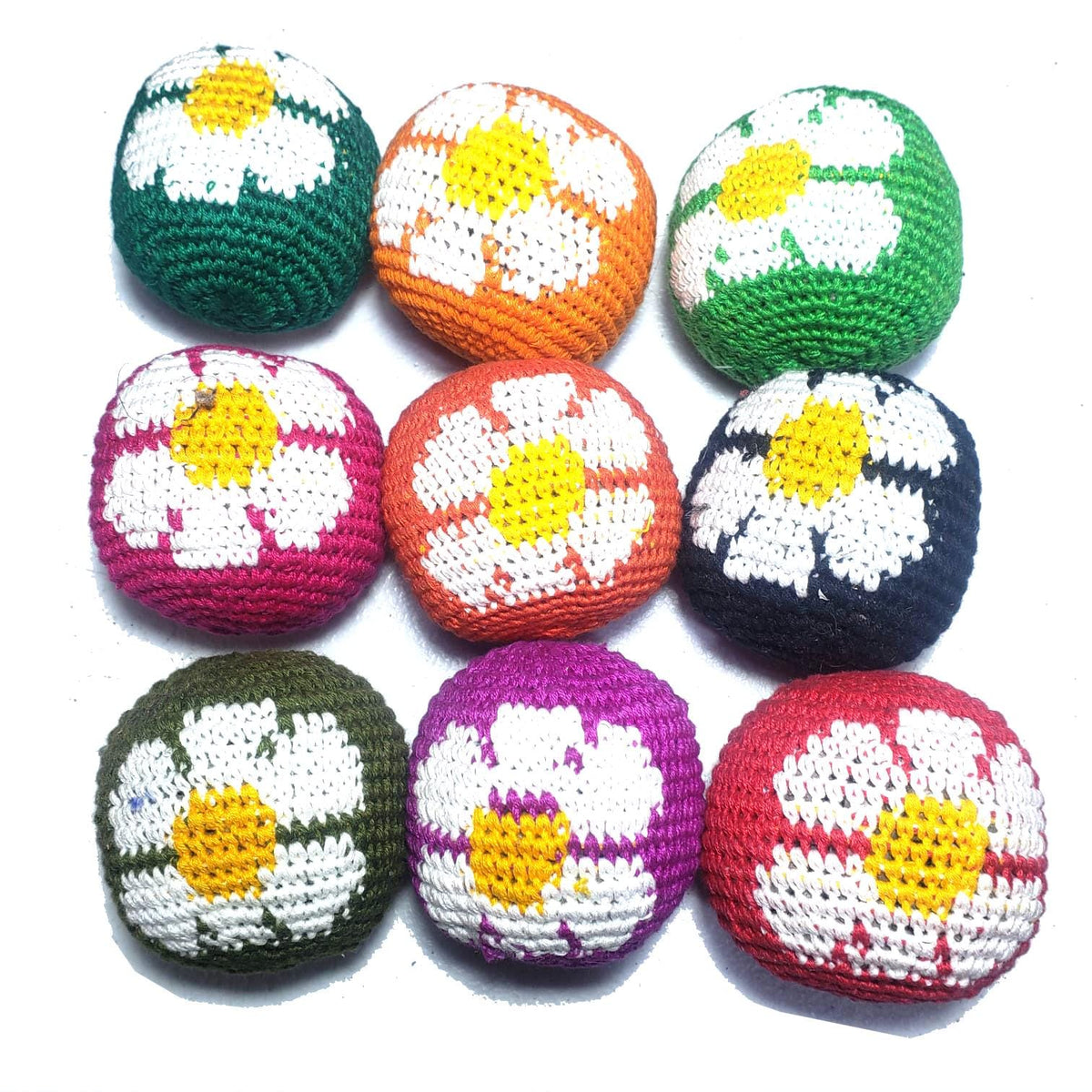 Set of 4 Guatemalan Cotton FLORAL Stress Relief Crocheted HACKY SACKS, Juggling Balls With Storage Bag
